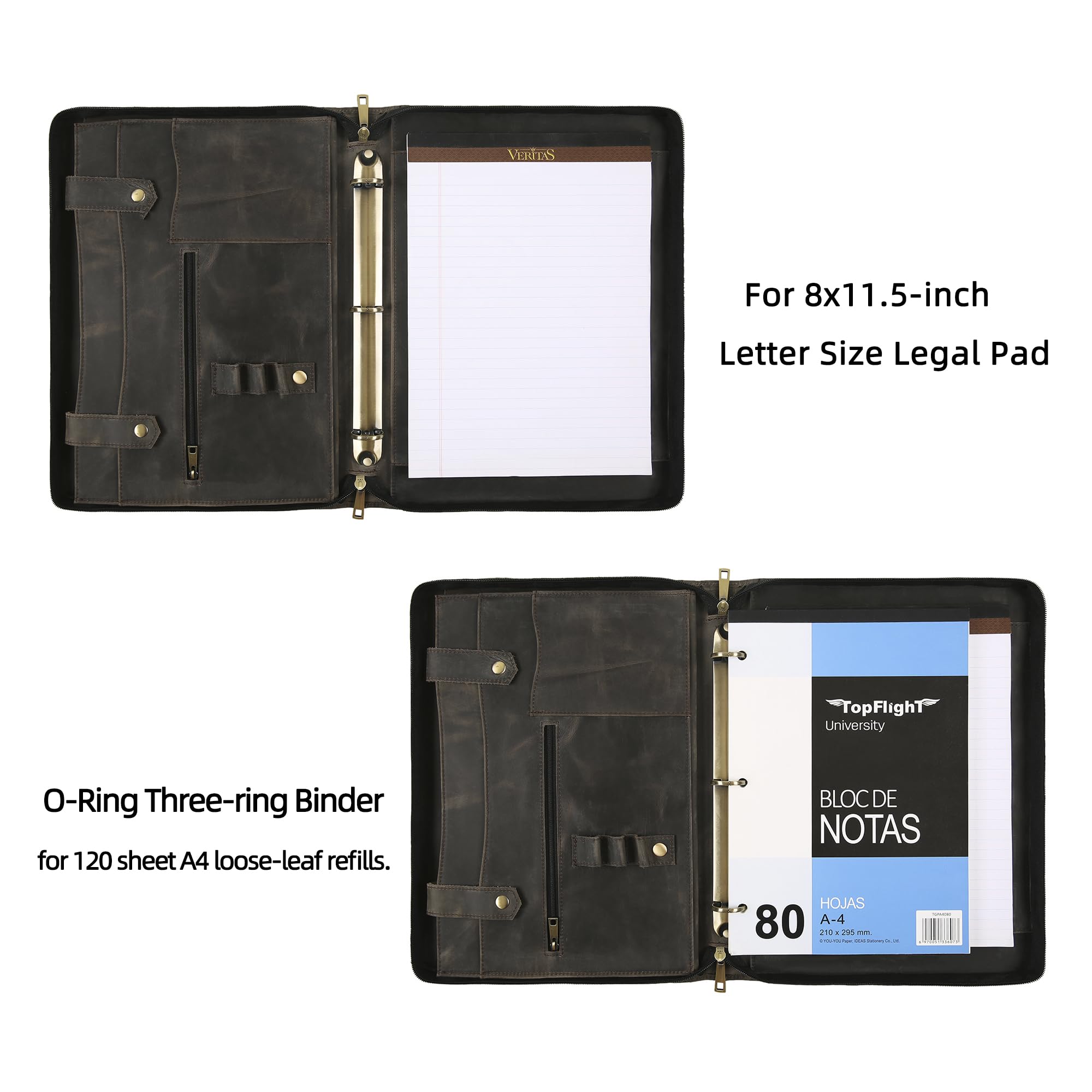 Portefeuille en cuir fait à la main pour homme et femme, porte-documents personnalisé en cuir pour gaucher avec porte-bloc-notes A4 (gris, non personnalisé)