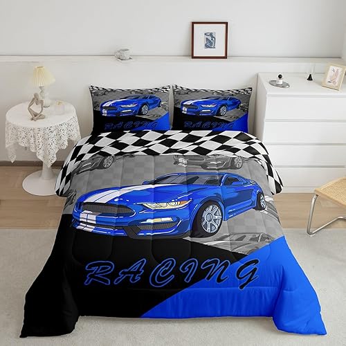 Miniatura 1 de Juego de edredón de coche de carreras para niños y niñas, edredón de coche deportivo de velocidad, tamaño matrimonial, juego de ropa de cama de
