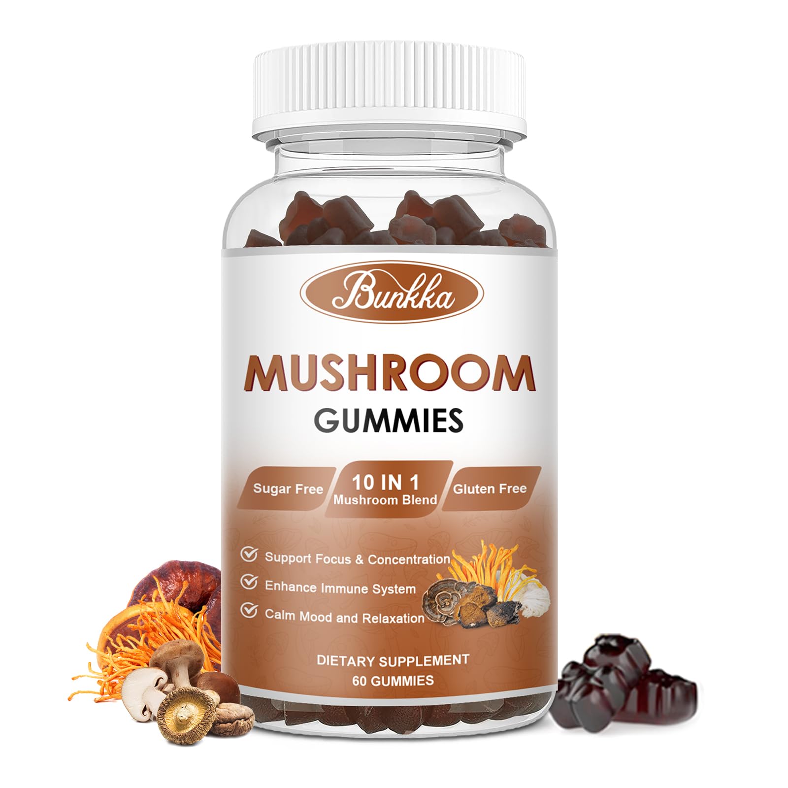 Organic Mushroom Gummies 10 Blend - Mushroom Complex - Immune Support, Energy - Mushroom Supplement for Men & Women, 60 Gummies