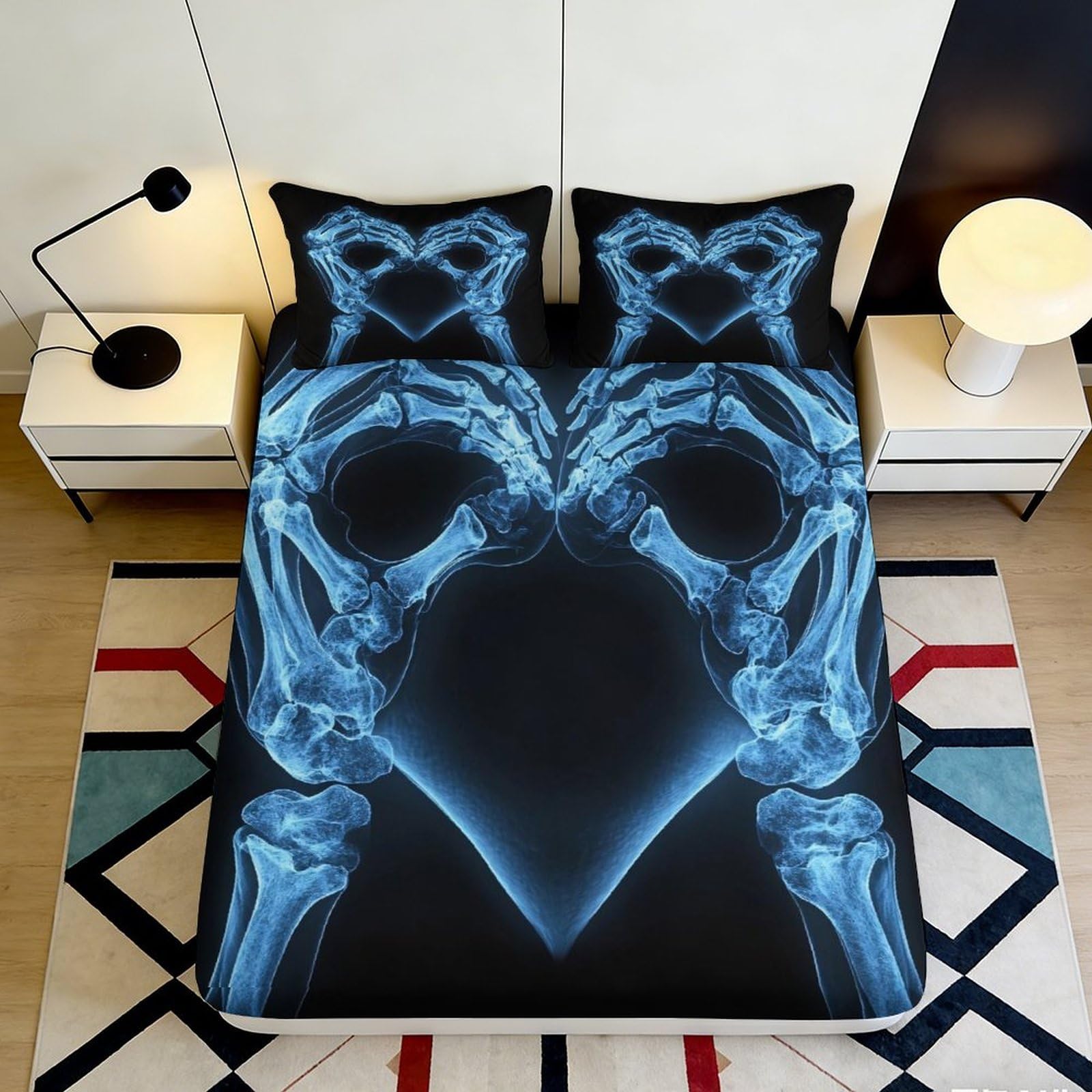3D Printed X-Ray Skeleton Heart Fitted Sheet Microfiber Soft Black Gothic Skull Mattress Cover Bedroom Decor 90x200x25cm