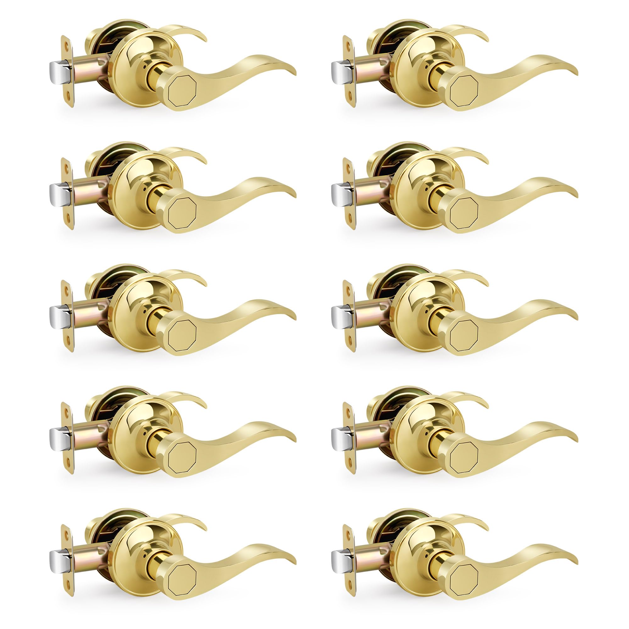 Photo 1 of Moquin Passage Wave Style Gold Door Handles (No Lock and Key), Non-Locking Reversible Gold Door Handles for Hallway and Closet, Polished Brass, 10 Pack