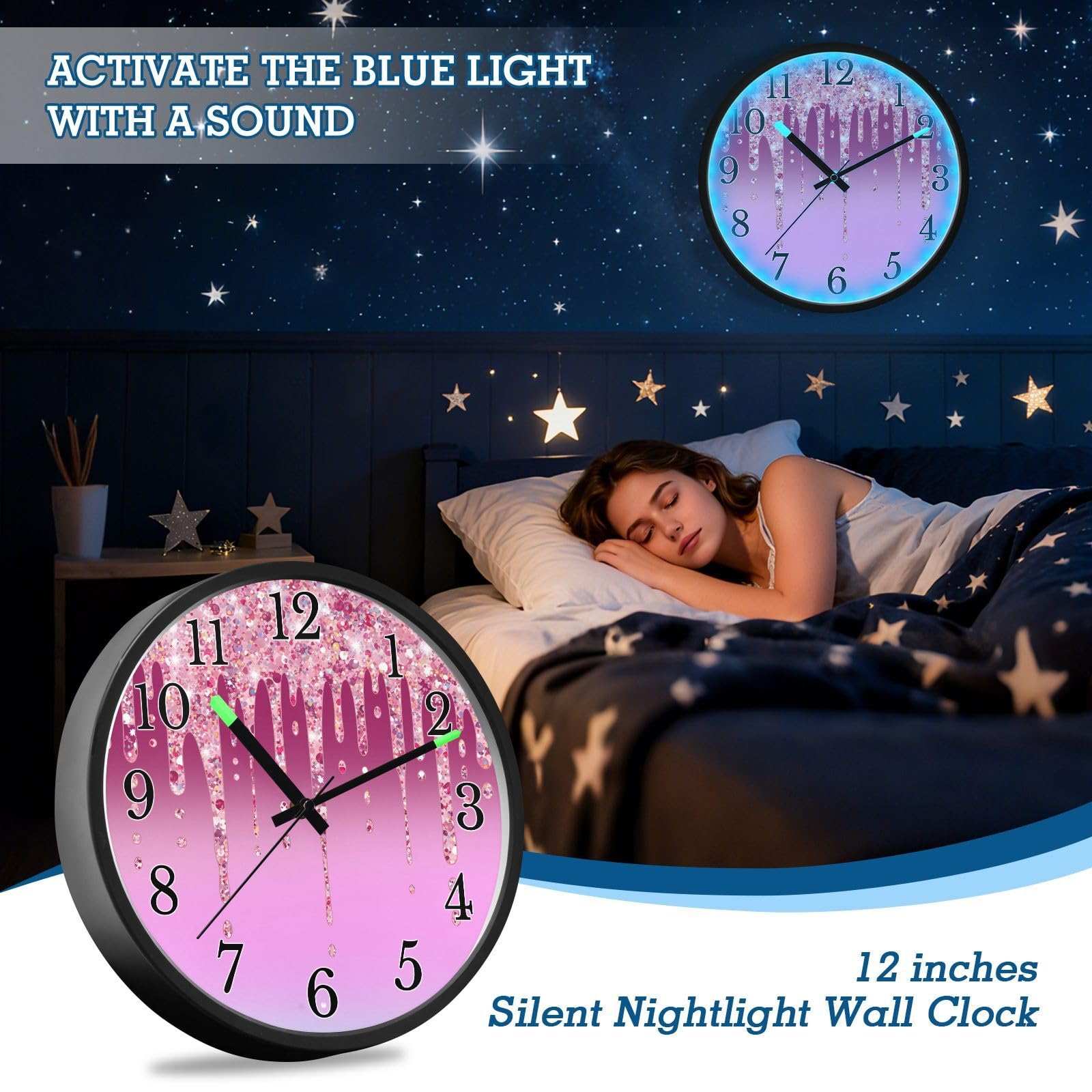 Mnsruu Reloj de pared luminoso con patrón de bloque de color brillante, reloj de pared que brilla en la oscuridad, funciona con pilas, reloj de luz nocturna silencioso sin tictac para dormitorio