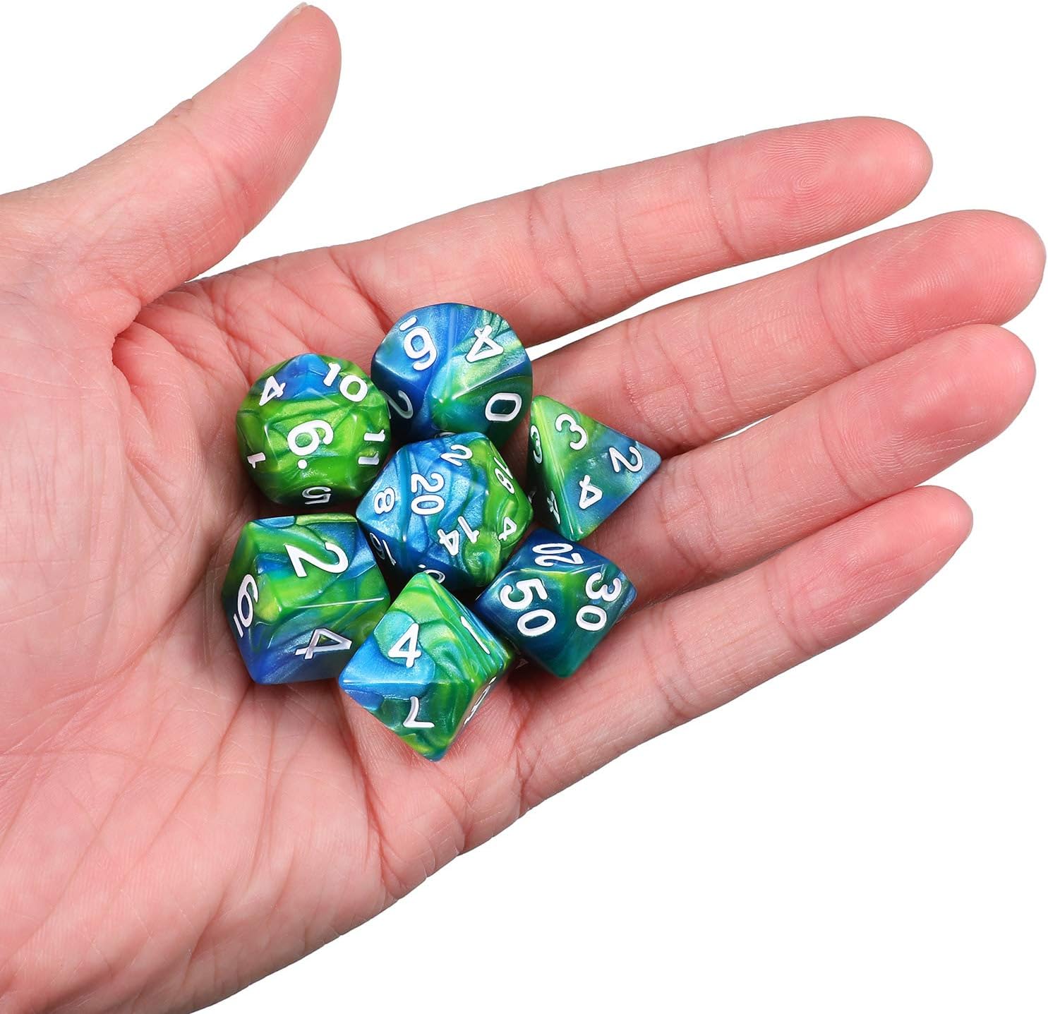 EBOOT Polyhedral 7-Die Dice Set for Dungeons and Dragons with Black Pouch (Green Blue)