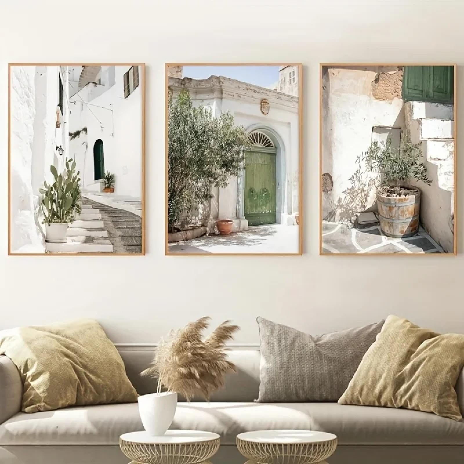 CHAOJIART 3pcs Canvas Poster Modern Art Italy Ancient Architecture Poster Canvas Painting Green White Italian Wall Art For Home Decor 60x90cm(24x35in) x3 frameless