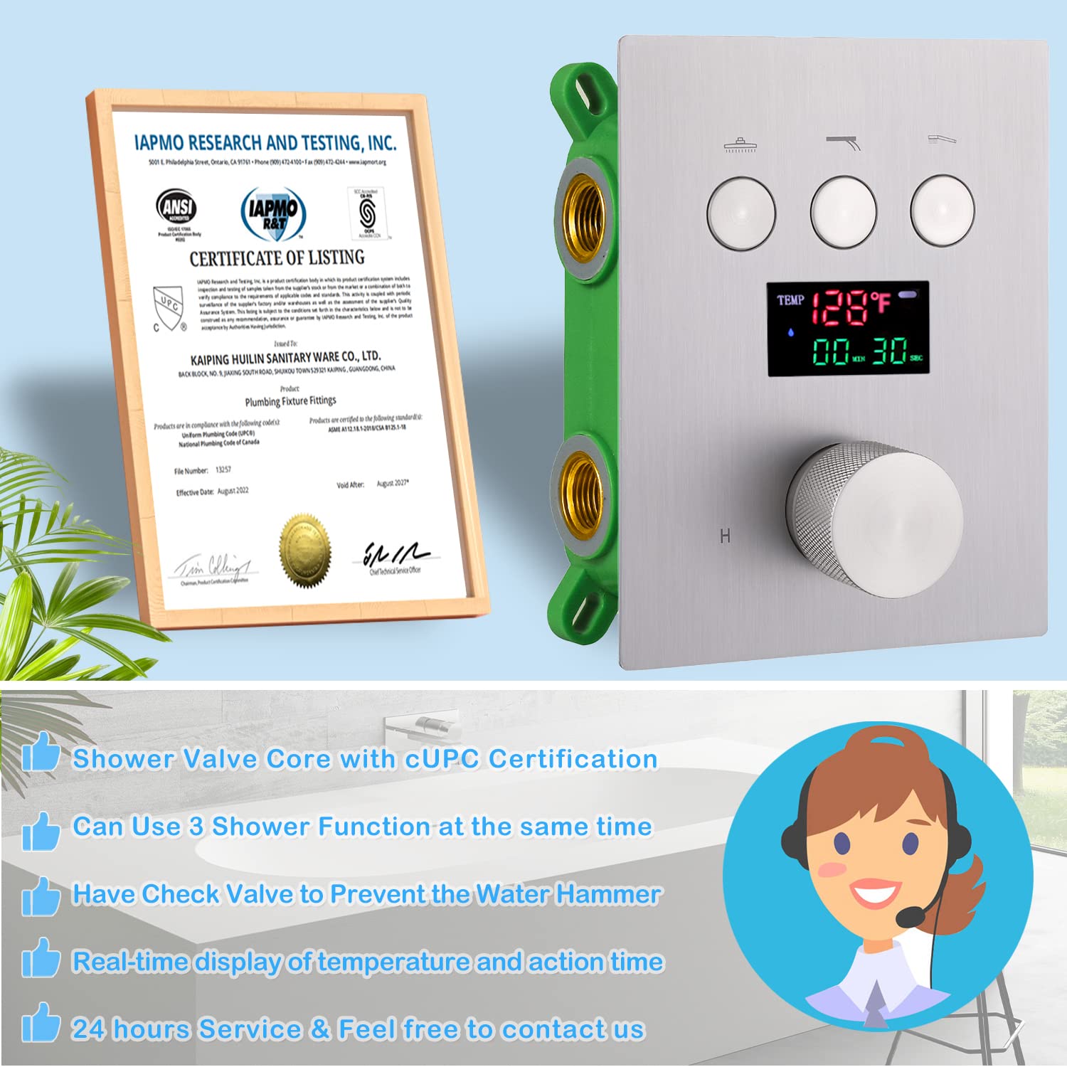 WHSHOWER Shower Faucet System Brushed Nickel Shower Faucets Sets Complete 12 inch Wall Mounted Digital Display Full Body Shower Fixtures with Body Jets Push Button Rough-in Valve Body and Trim