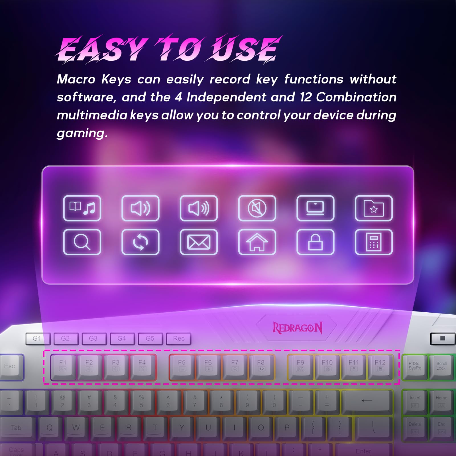 Redragon Updated Programmable Gaming Keyboard and Mouse, RGB Backlit Keyboard Mouse with Software, Independent Macro Record Keys, Value Combo Set, White - S101-3 PRO view 7