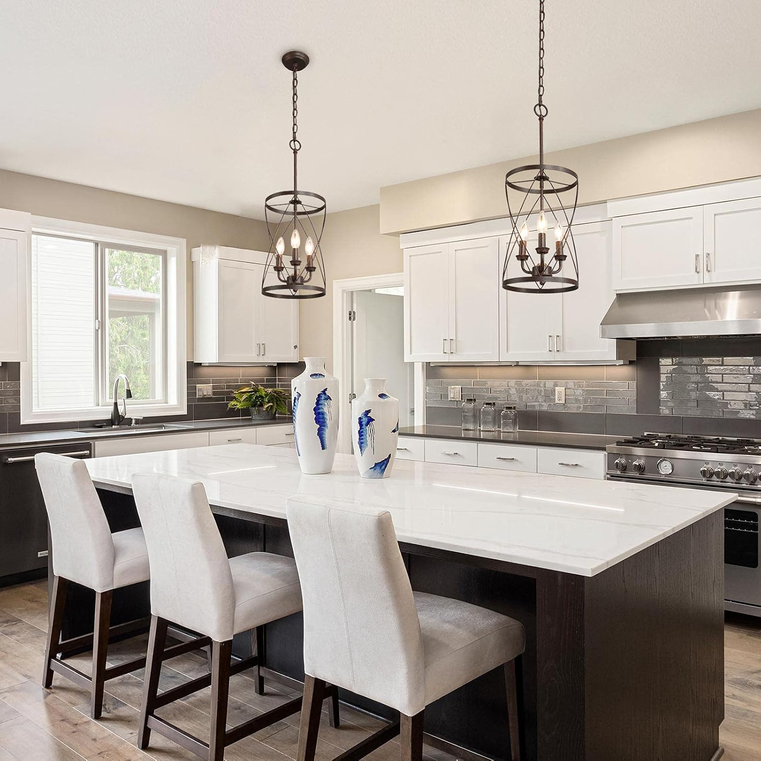 Flash Deals - 80% OFF LOG BARN 3-Light Industrial Chandeliers, Vintage Foyer Hanging Lighting Fixture for Dining Room, Living Room, Cylinder Metal Shade, Bronze Finish