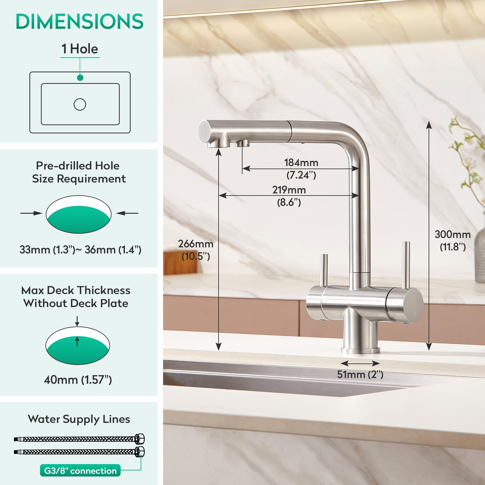 CREA Grifo de Cocina 3 Vías Ósmosis con Ducha Extraible,Grifo Monomando con 2 Palancas,360° Grifo De Cocina Para Filtro De Agua,Acero Inoxidable Cepillado