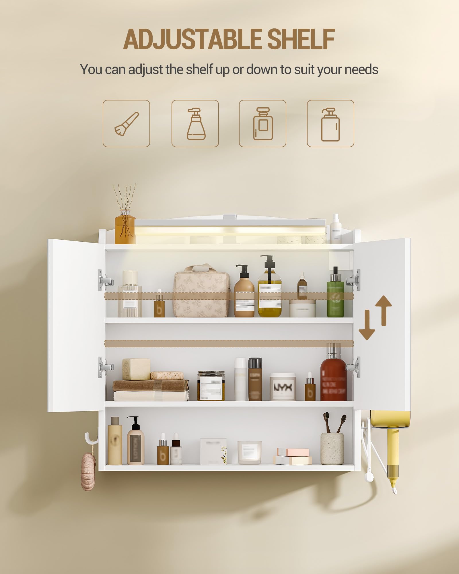 Hzuaneri Bathroom Cabinet with Mirror, LED Lights, Hair Dryer Shelf, Hooks, White, 16.5 x 70 x 75 cm - Image 4