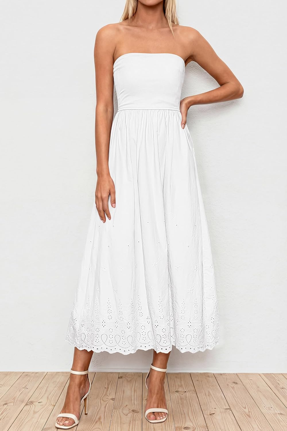 PRETTYGARDEN Womens Summer Dresses 2026 Sexy Sleeveless Tube Top Long Dress Eyelet Cotton Maxi Beach Sundress Pockets - Image 2