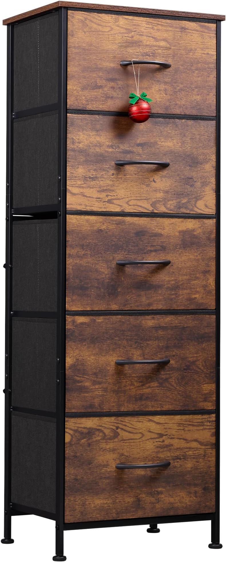 WLIVE Fabric Dresser for Bedroom, 5-Drawer Tall Dressers, Storage Organizer with Fabric Bins, Wood Top, Sturdy Steel Frame, Chest of Drawers for Closet, Hallway, Rustic Brown Wood Grain Print