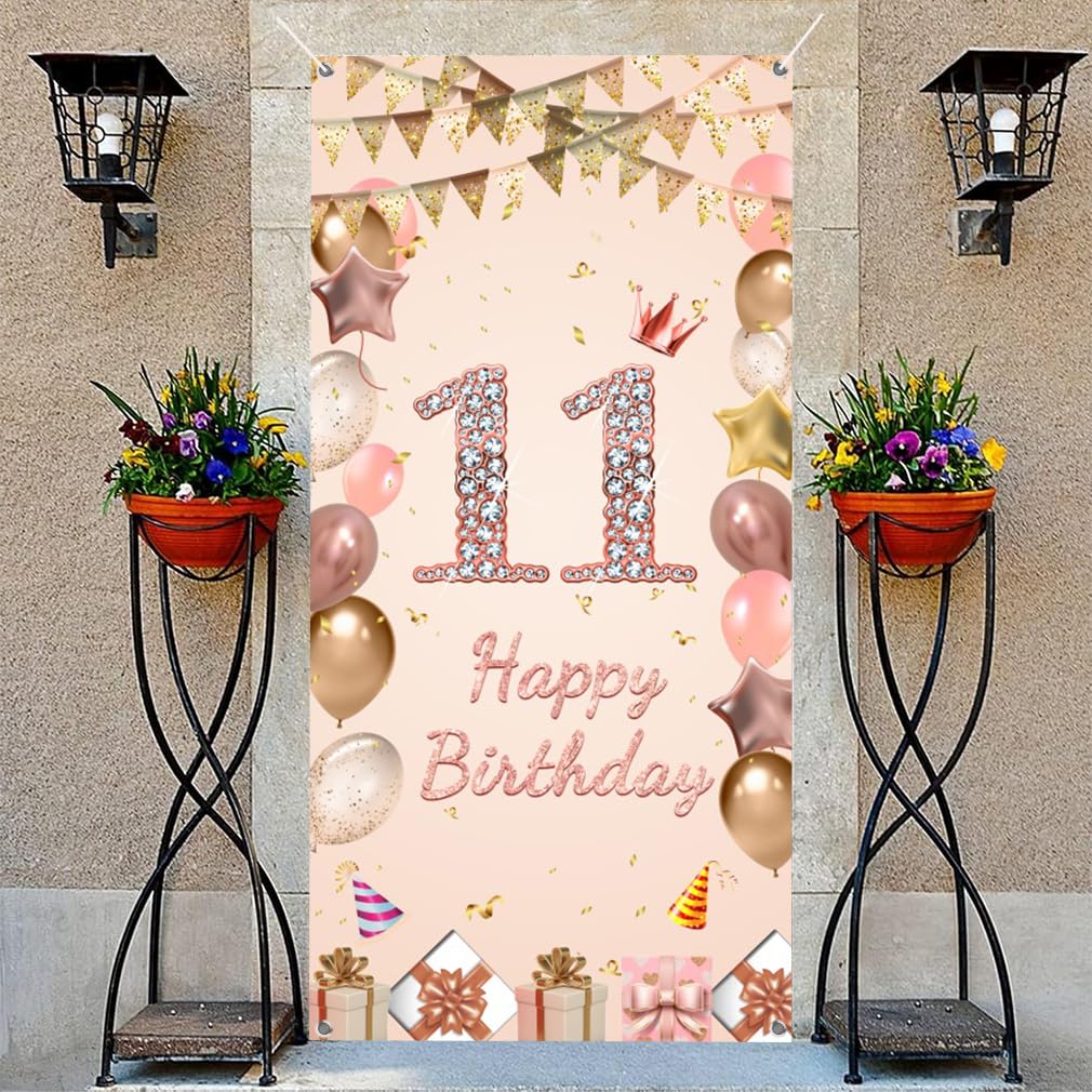"Happy 11th Birthday" Dekobanner 150x90cm – Schwarz-rosa Für Mädchen-Party