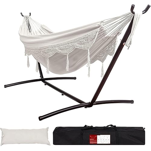 Lazy Daze Hammocks 9FT Double Hammock with Sturdy Steel Stand and Durable Fabric, Camping Lace Hammocks Include Portable Carrying Case, 450 LBS Capacity