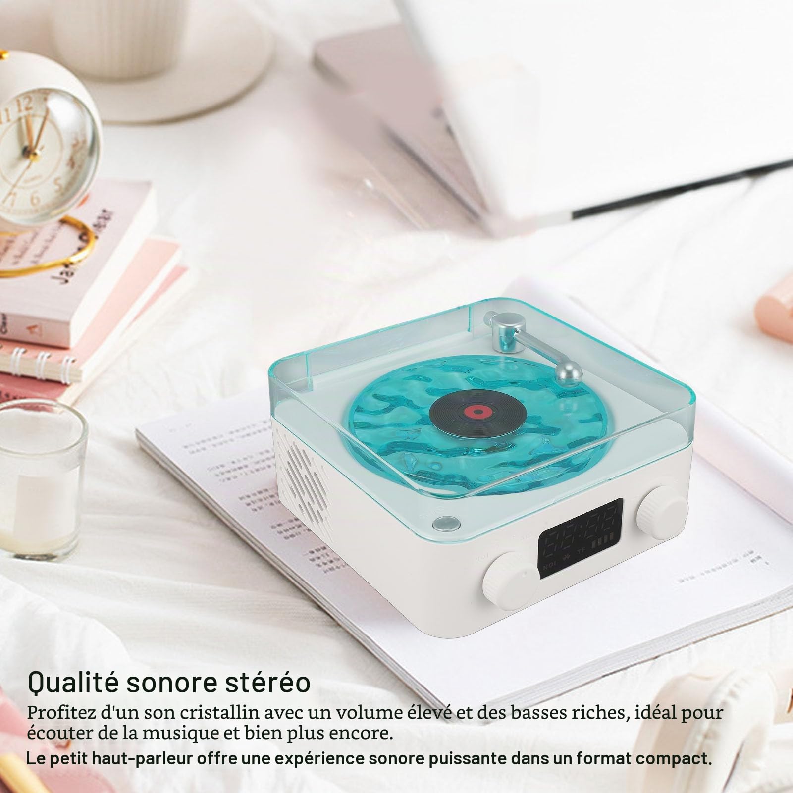 Waves Haut,Parleur Bluetooth Vintage, Lecteur Stéréo Portable avec Veilleuse et Affichage de L'Heure pour Chambre Bureau Fête – 1500 mAh Batterie Intégrée