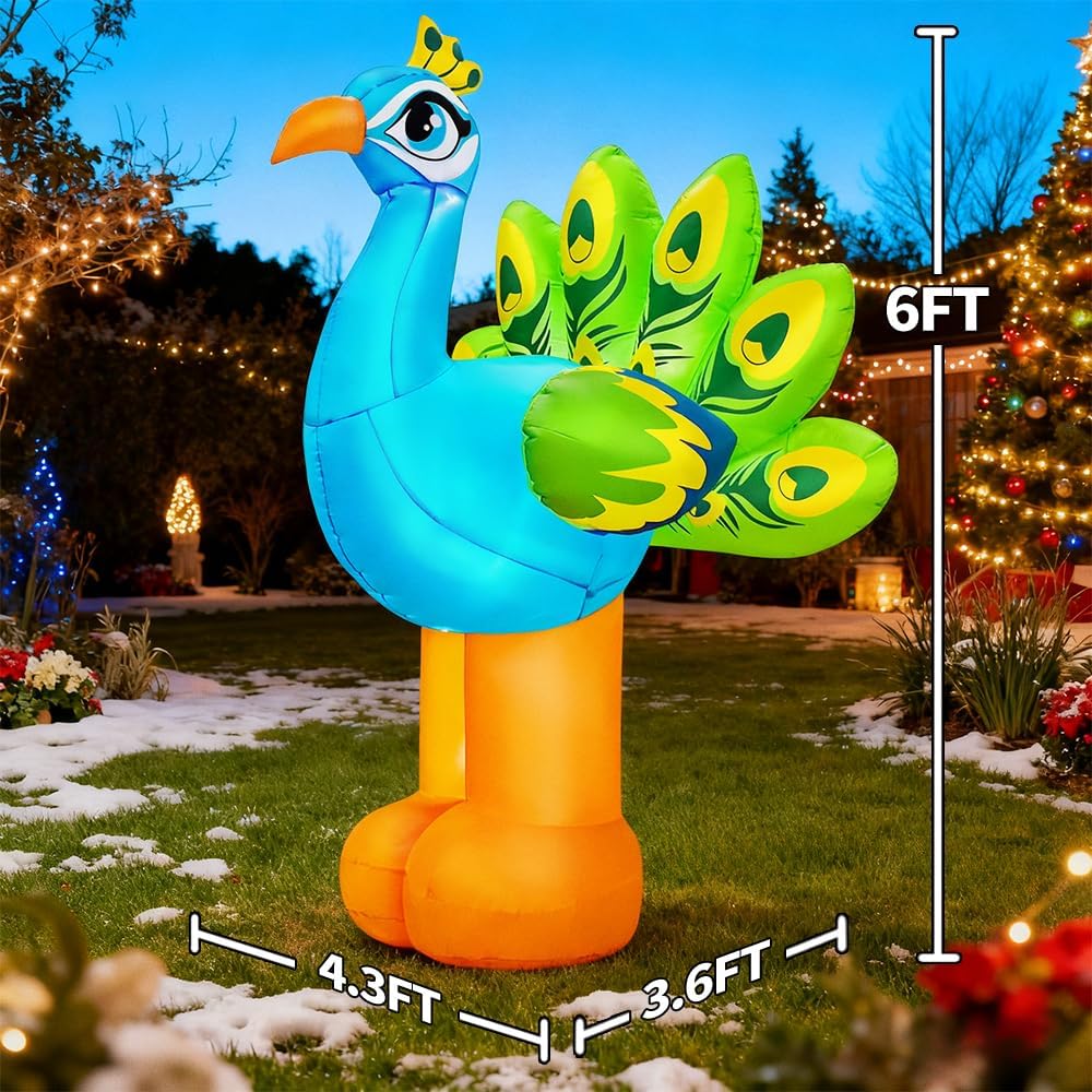 KOOY 6FT Easter Inflatable Peacock Decoration, Spring Fairy Garden Enchanted Forest Party Decor, Built in LED Lights Blow Up Animal Decorations, Peacock Decor for Beach Garden Tropical Lawn Yard