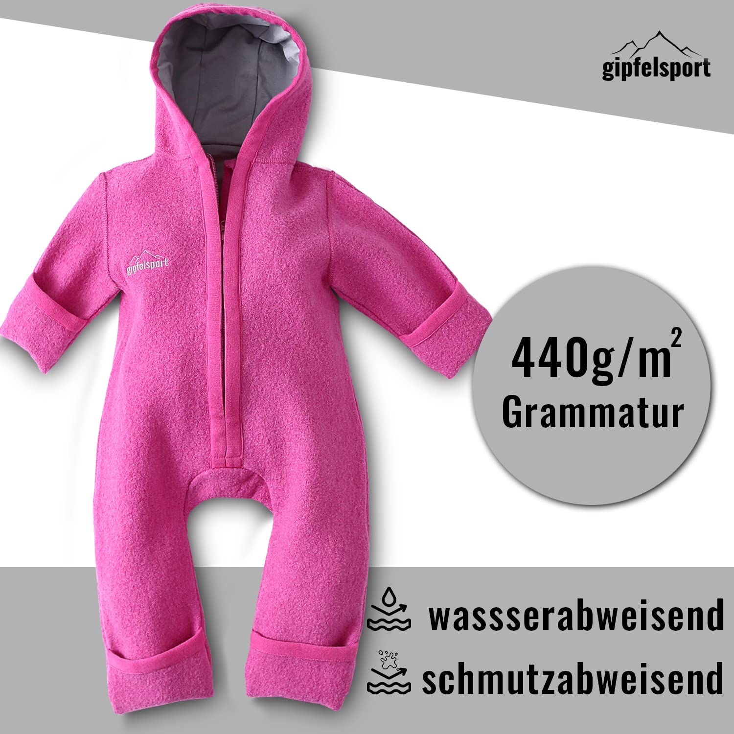 gipfelsport Wollwalk Overall Baby - Walkoverall mit Reißverschluss aus Natur Merino Wollfleece I Wollanzug, Wallwalkoverall aus Schurwolle für Kleinkinder, Babys