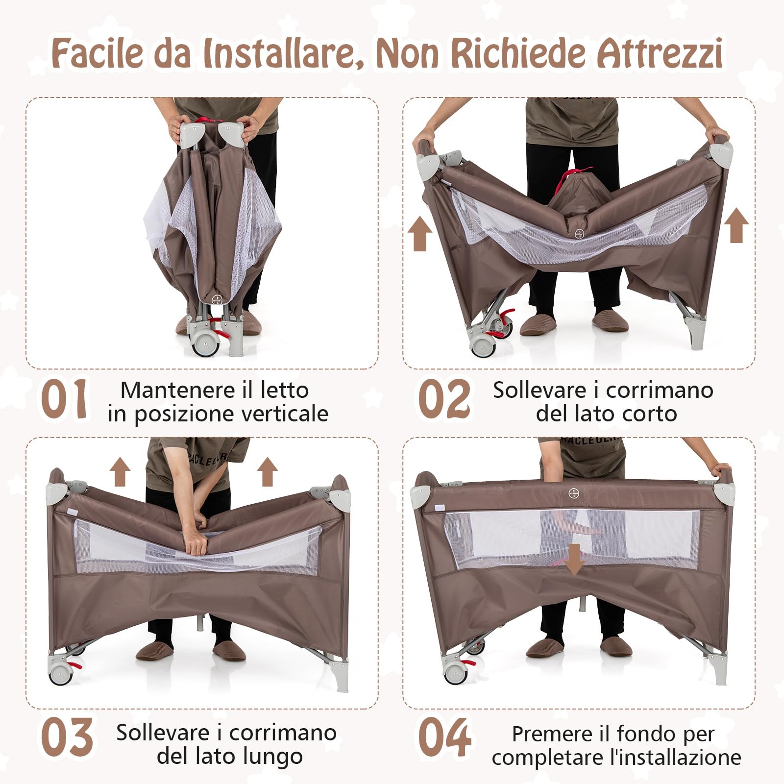 RELAX4LIFE 5 in 1 Lettino da Campeggio per Bambini, Culla Neonato con Fasciatoio e Cingia Fissagio, Carillon e 3 Giocattoli Appesi, Adatto a Bambini da 0-36 Mesi (Marrone)