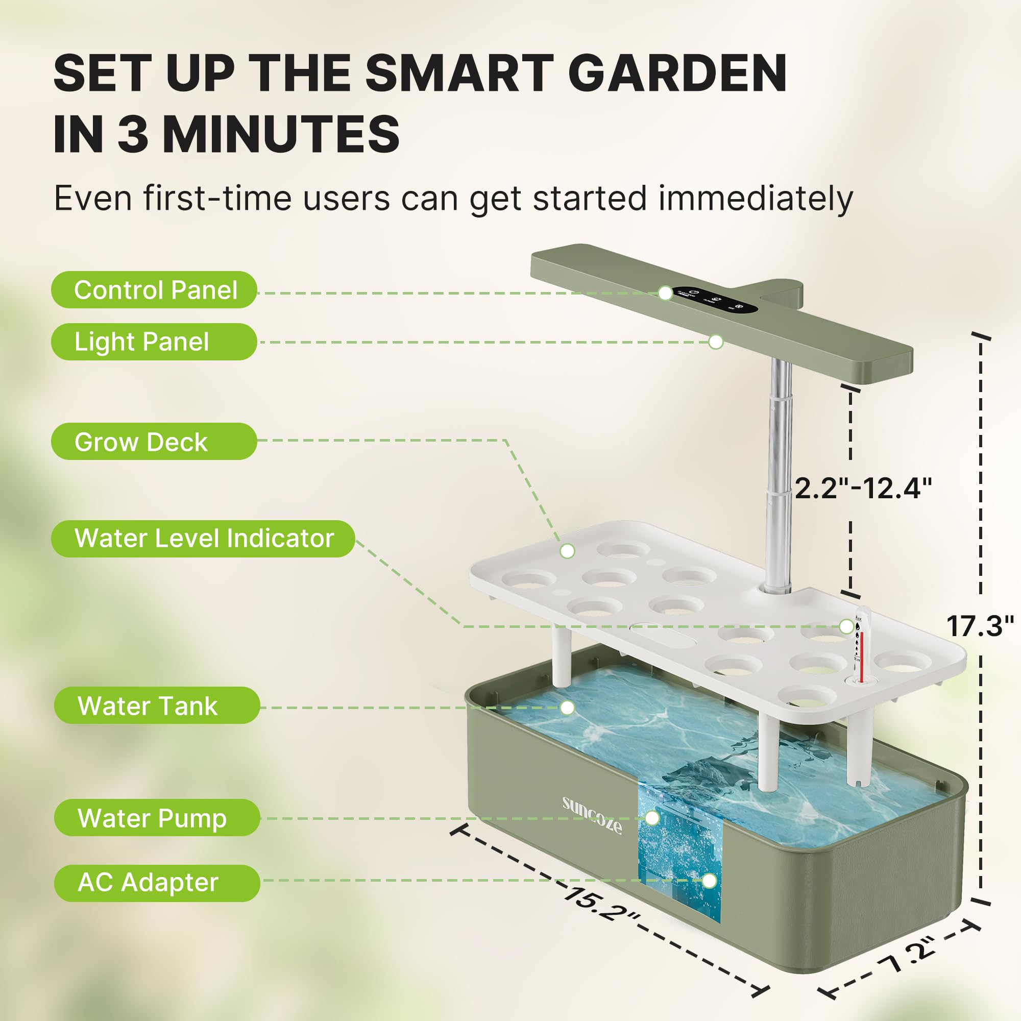 SUNCOZE Hydroponics Growing System Kit 12 Pods, 24W LED Grow Light Indoor Garden, 4L Water Tank with Quiet Pump, Adjustable Height Herb Garden Planter Indoor Kit, Gardening Gifts,: Green