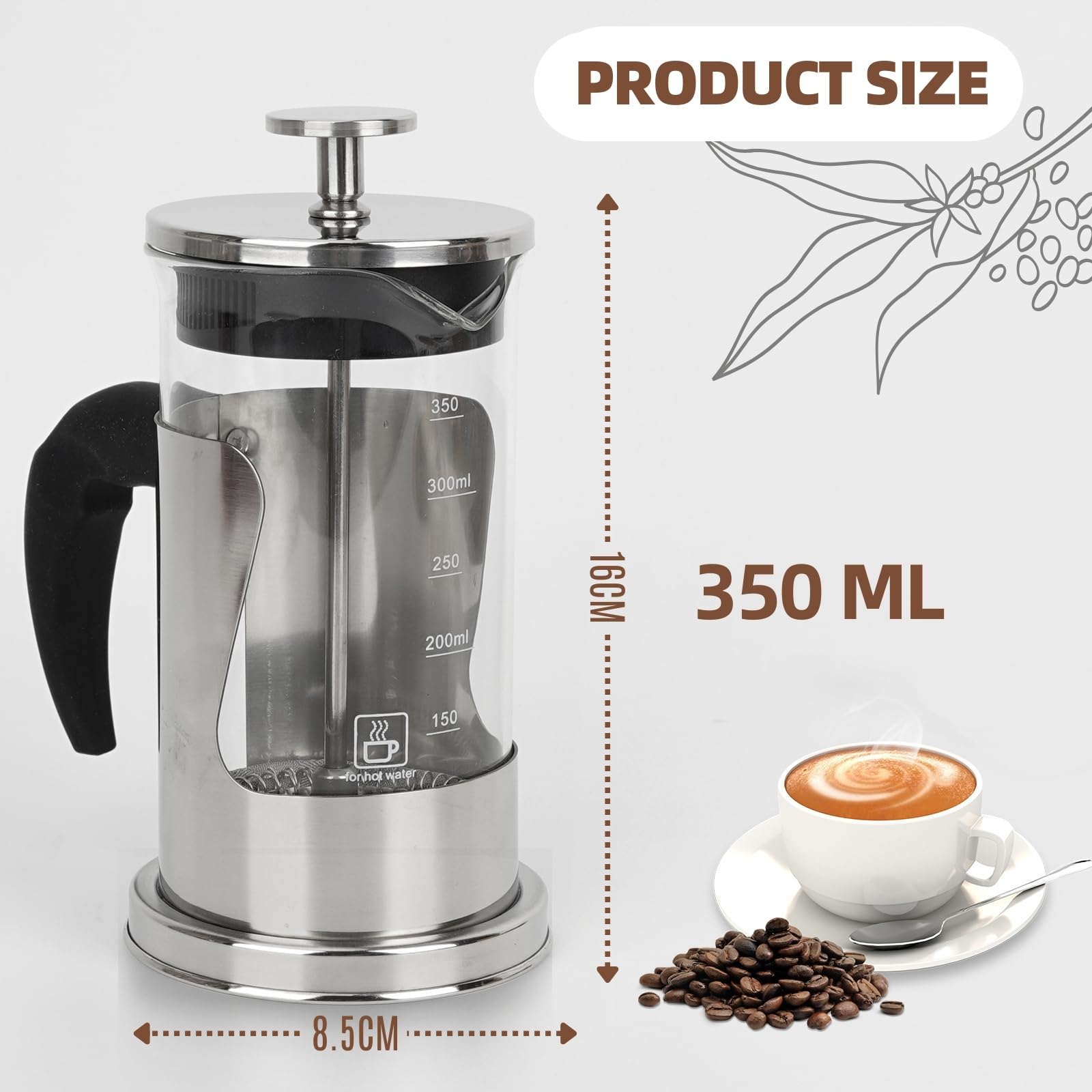 Starward French Press 350 ml Caffettiera in Acciaio Inox, Vetro Borosilicato, Filtro