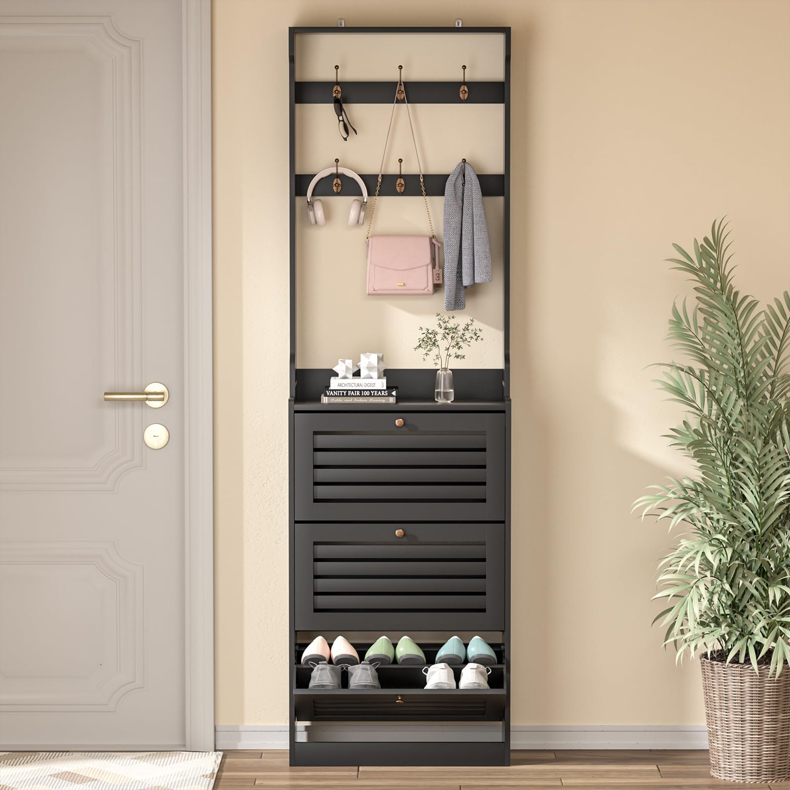 Yvsevnr Schwarz Schuhschrank mit 3 Klappen, Schuhkipper Schmal Hoch, Holz Schuhschrank Schmal mit Garderobenständer und 6 Haken, für 14-18 Paar Schuhe, für Eingang, Flur 60 x 24 x 200 cm Küche, Haushalt & Wohnen