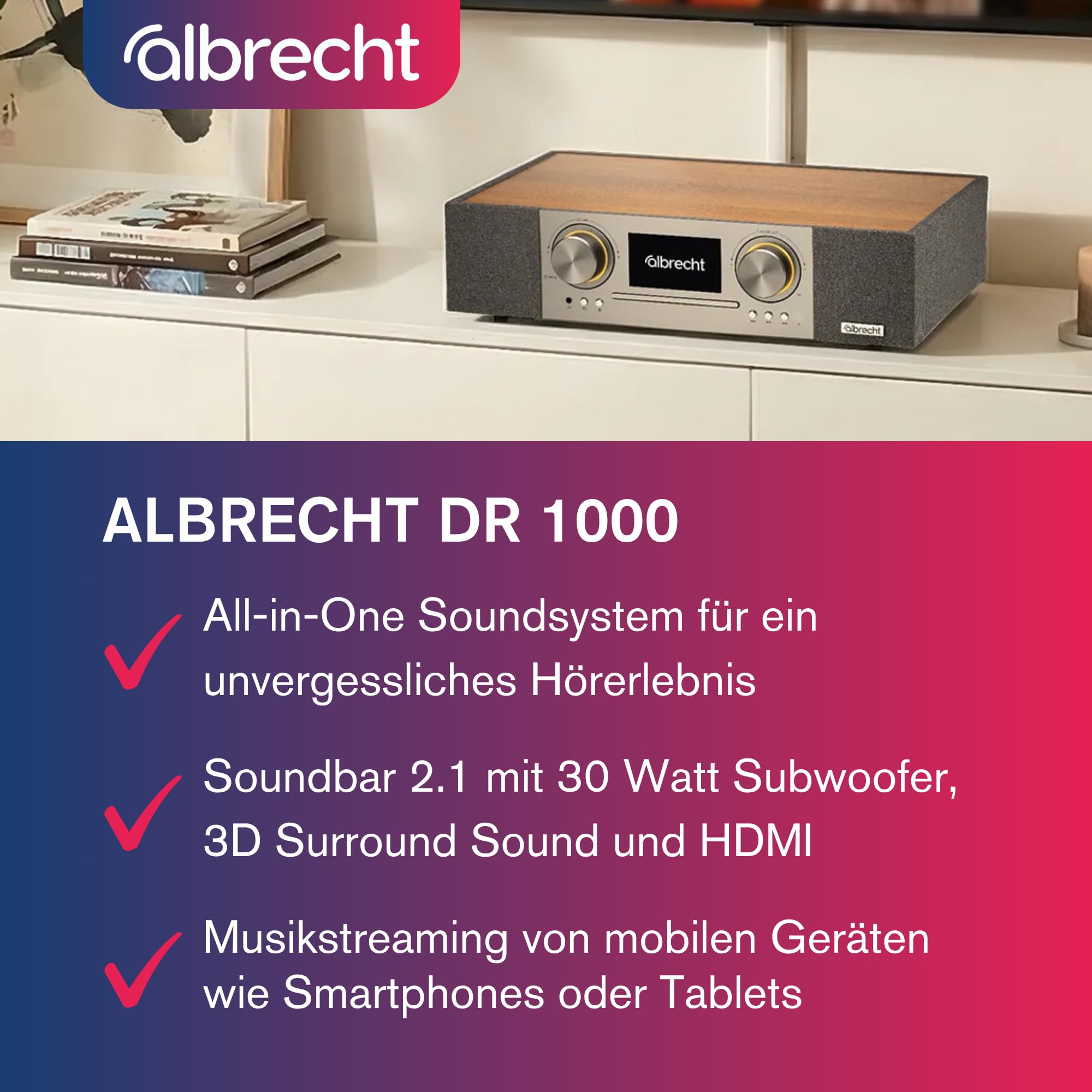 Albrecht DR 1000 All-In-One Soundsystem, Soundbar 2.1 mit 30 Watt Subwoofer, Clear-Voice, Internet-Radio, DAB+, CD-Player, Musik-Streaming, HDMI, braun/grau