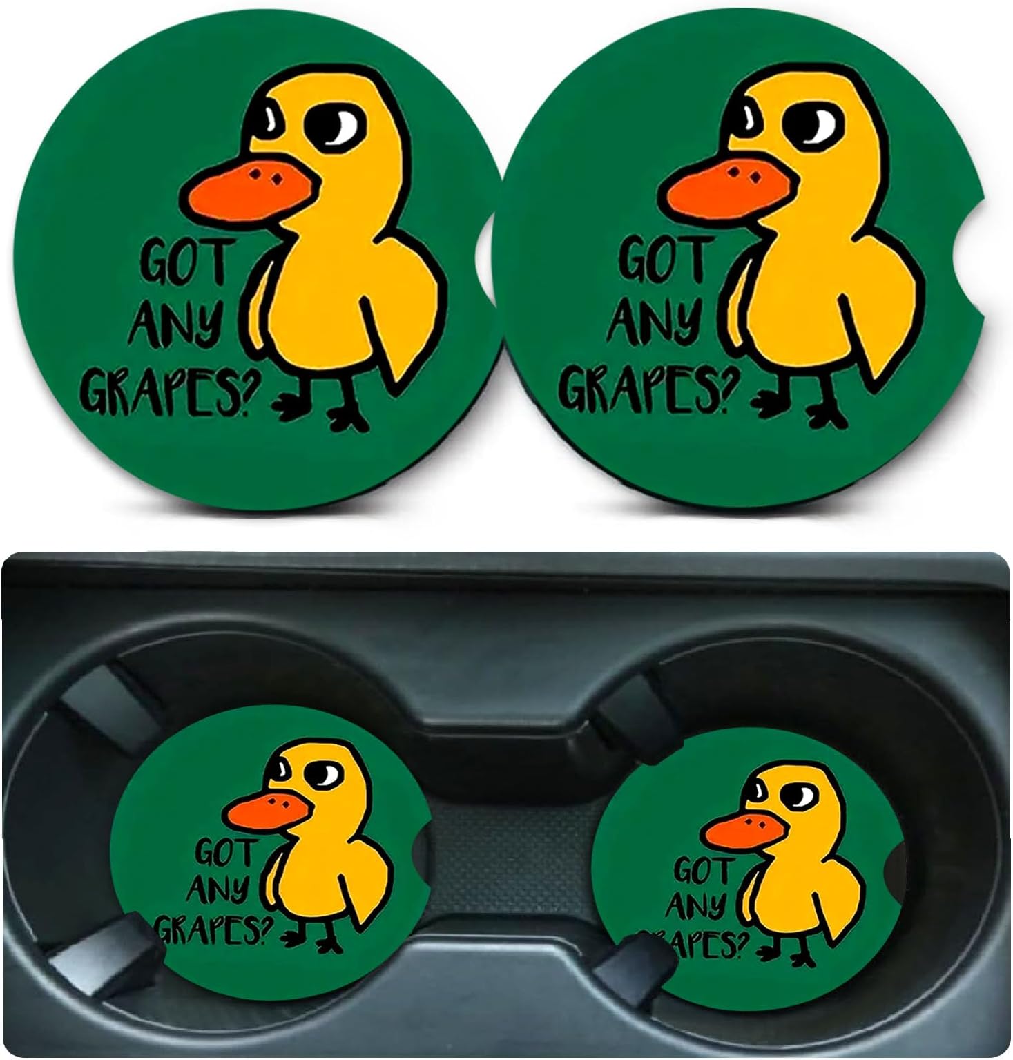Car Coasters for Cup Holders,2 Pack Duck Got Any Grapes Car Coasters,2.75" Universal Size Anti Slip Rubber Mat,Automotive Cup Holder Decal Decor Accessories,Duck Gifts for Women,Men,Mom