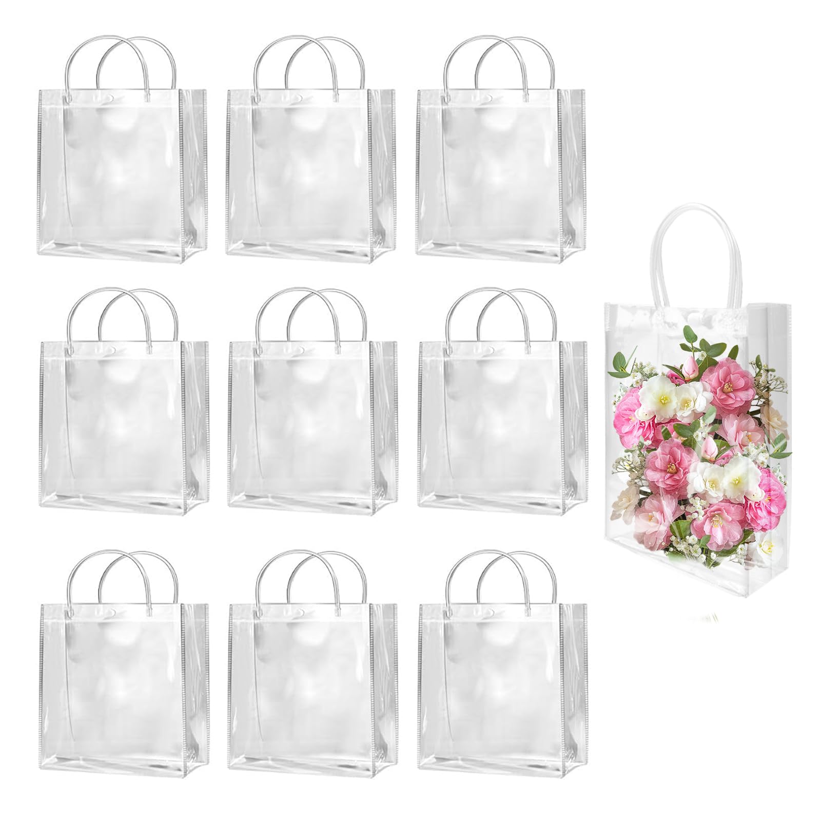 10PCS Clear Gift Bags, 23 x 17 x 7 cm PVC Gift Bags with Handles, Transparent Gift Wrap Bag, Waterproof Clear Bags for Gifts, Party Bag for Perfume, Bakery, Presents, Birthday Party Favor