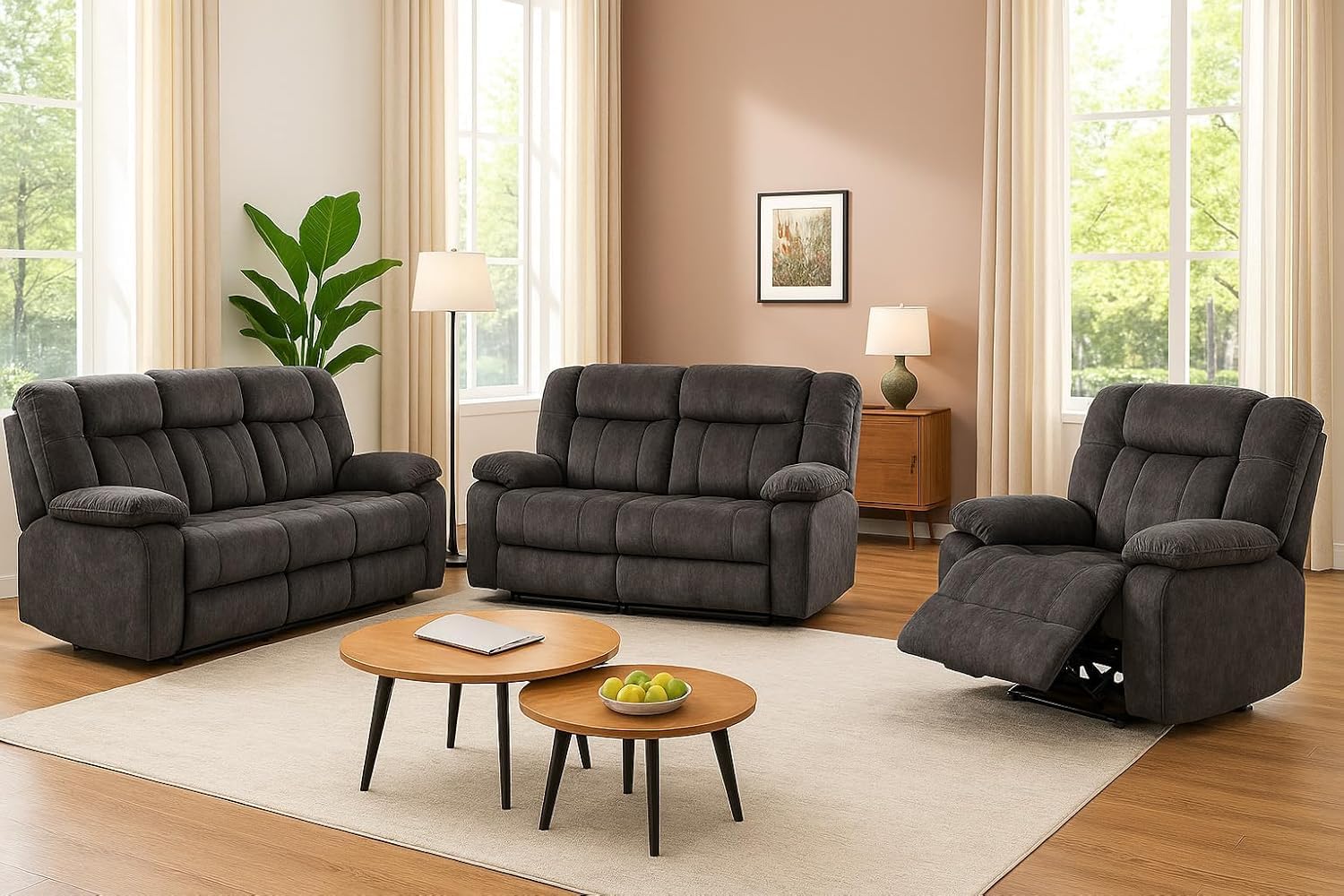 LUCKLIFE Recliner Sofa Set with Manual Recliners,Living Room Furniture Set with Reclining Couch,Loveseat and Armchair,Breathable Fabric Upholstery,