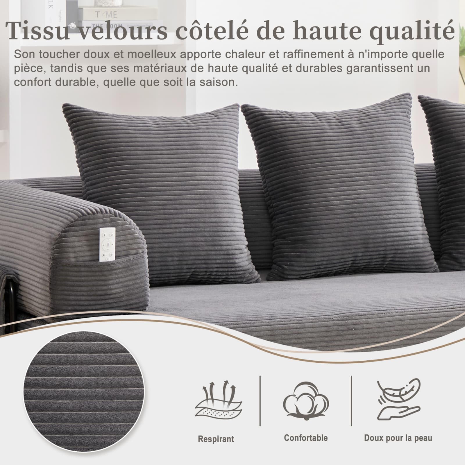 KOMHTOM Canapé 3 Places en Velours Côtelé avec 3 Coussins Confortables, DIY Libre et Structure Métal - Canapé Convertible Moderne (Gris foncé-B)