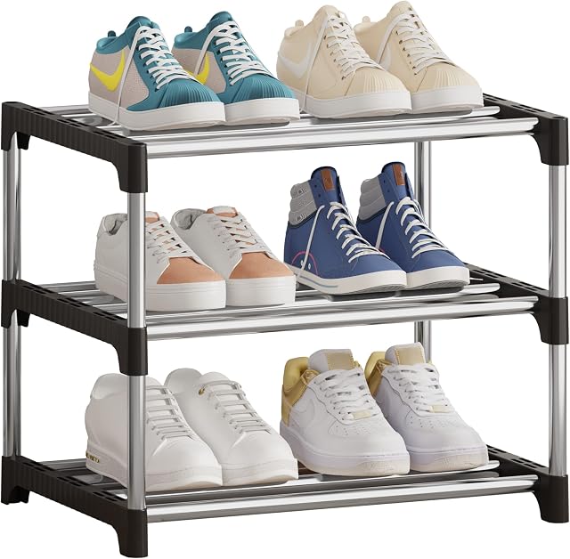 NIAWECAN Small Shoe Rack, Stackable Shoe Rack 3 Tier, Footware Storage, Lightweight Shoe Rack Storage Organizer, Sturdy Narrow Shoe Shelf for Closet Entryway Hallway