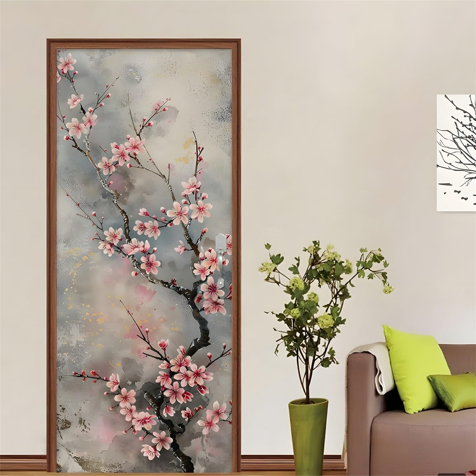 3D Adesivo per Porta 80x210 cm, Elegante Carta da Parati Autoadesiva per Porte Interne, Fiore di Prugno Arte Floreale, Decorazione per Camera da Letto, Soggiorno, Casa