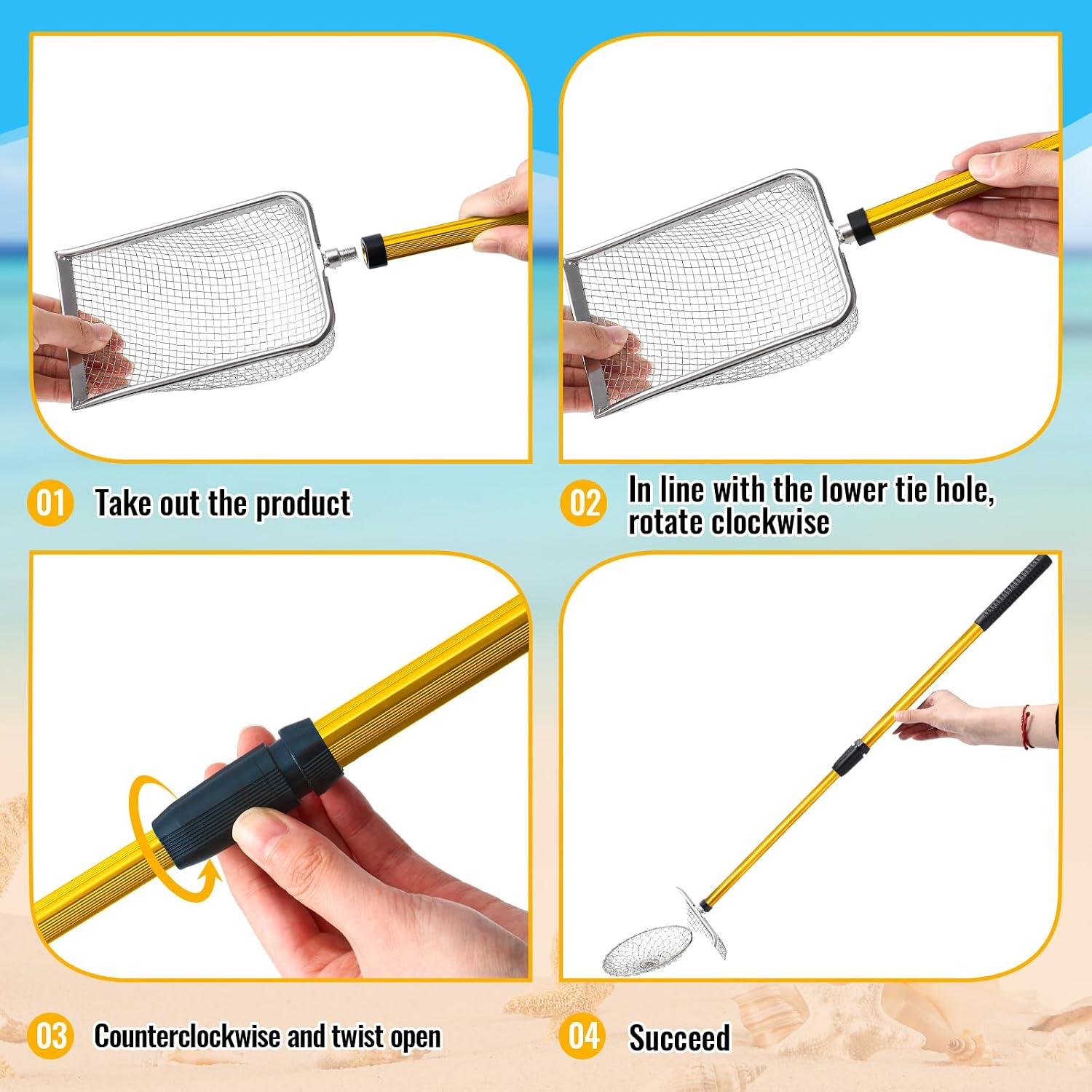 Liliful 3 Pcs Shelling Tools for Beach 28" Shark Tooth Sifter Long Handle Beach Sand Sifter Mesh Shovel with Seashell Bags Detachable Shell Scooper for Family (Yellow)