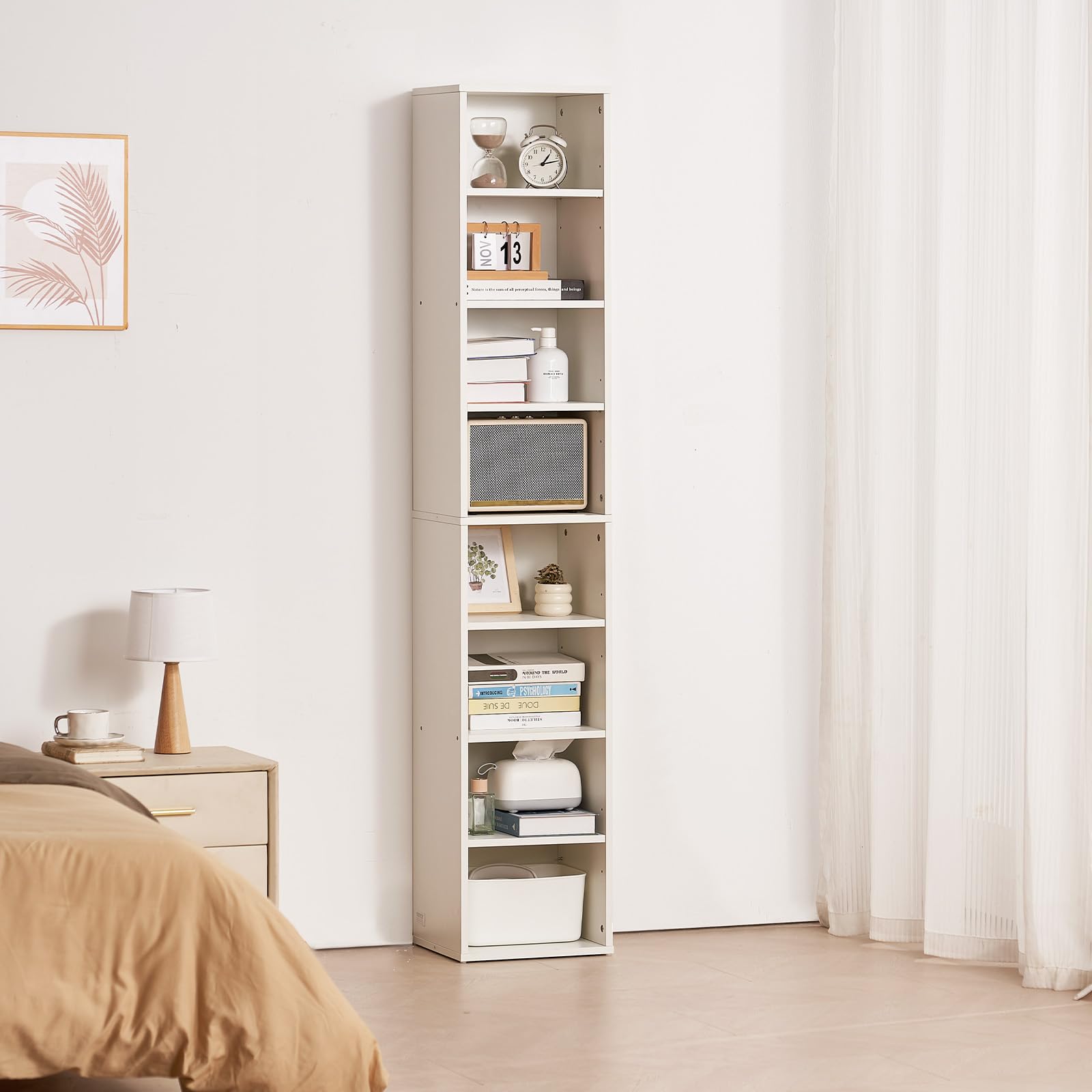 VEVOR Libreria Sottile a 8 Ripiani, Libreria Aperta in Legno Alta 180 cm con Ripiano Regolabile in Altezza, Espositore Autoportante per Riporre a Pavimento, Camera da Letto, Soggiorno, Ufficio, Bianco