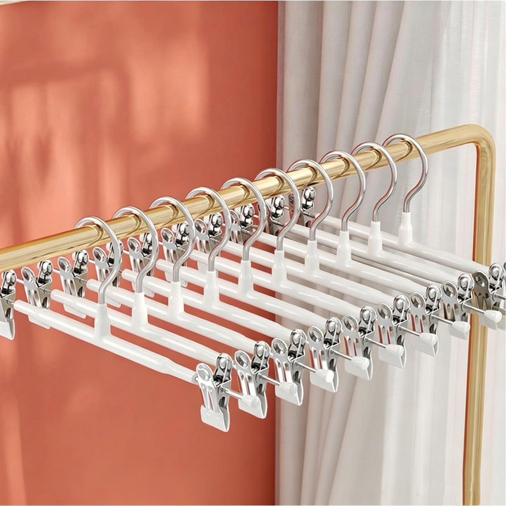 10Pack Trouser Hangers -Skirt Hangers with Adjustable Non Slip Clips Strong Chrome- Space Saving Pant Hangers,Heavy Duty Metal Hangers for Shorts Jeans Trousers Clothes Hangers (White)