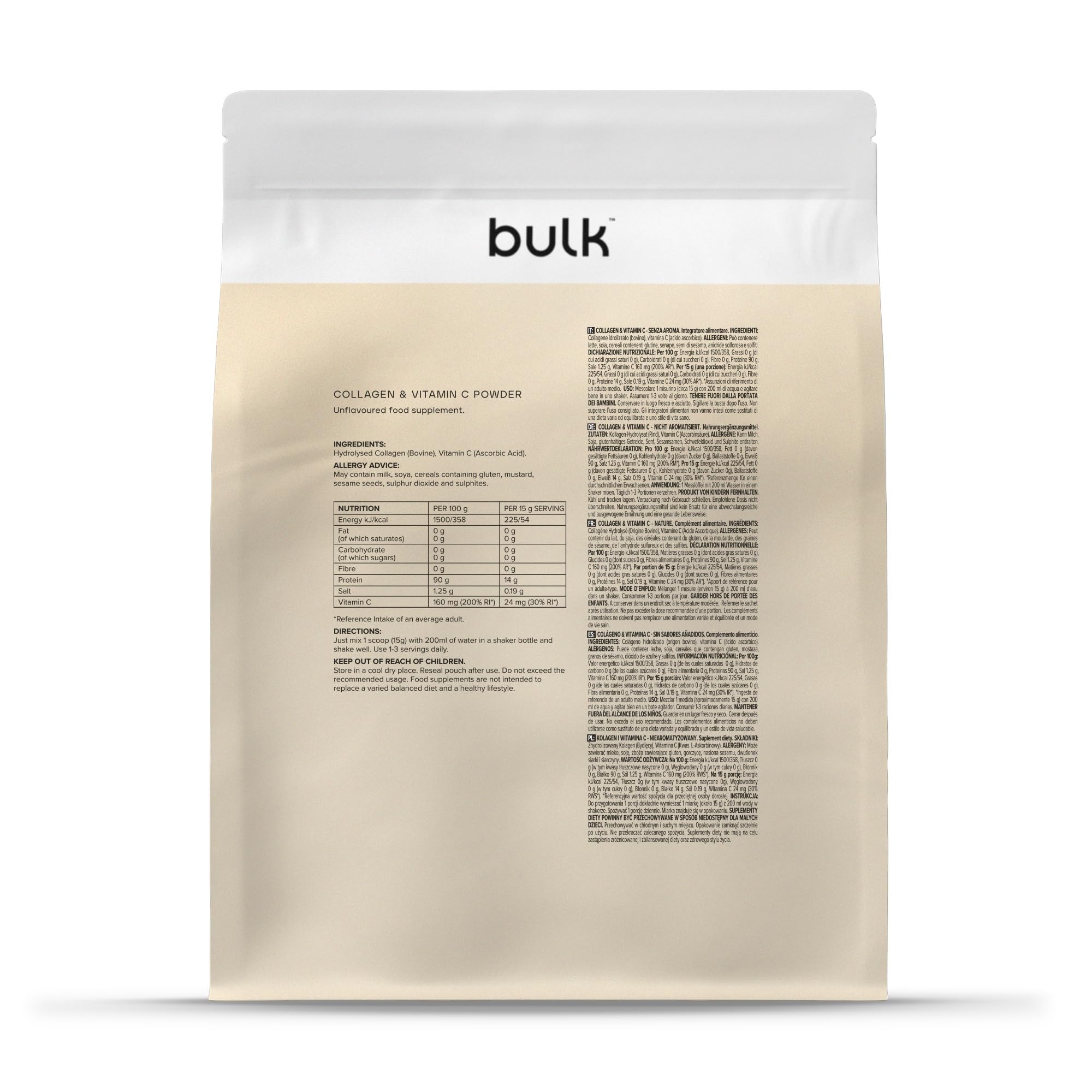 Bulk Collagen and Vitamin C Powder, 500 g, Packaging May Vary, Non aromatizzato