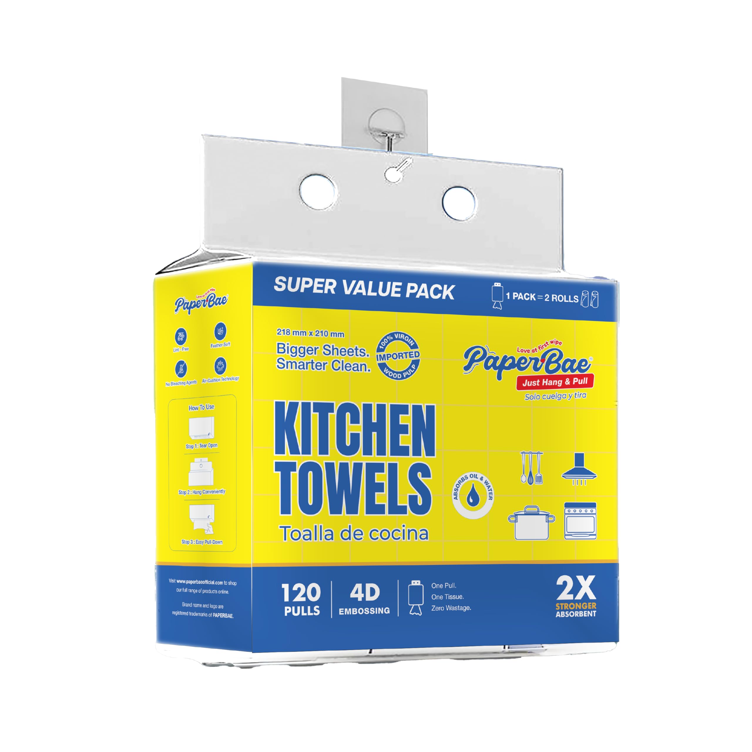 Kitchen Towels | Super Value Pack | 2 Rolls Pack | 120 Pulls per Roll | 4D Embossing | 2X Stronger Absorbent | Imported Virgin Wood Pulp | Hang & Pull Kitchen Tissue Roll-image-8