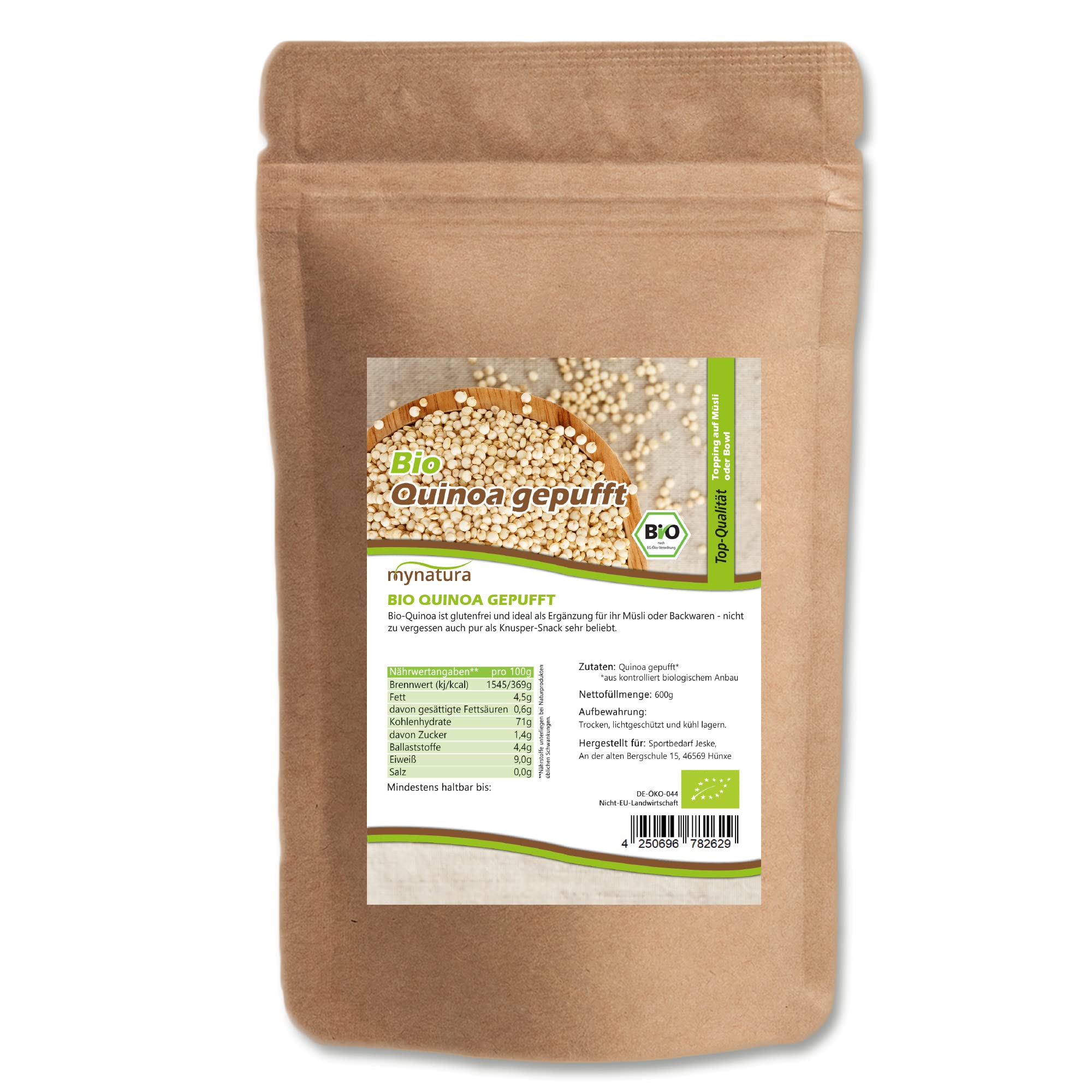 Mynatura Bio Quinoa gepufft I Ungesüßt I Snack I Pflanzlich I Glutenfrei I Getreide Korn I Müsli I Backen I Müslibowl I Im Beutel (3x 600g)
