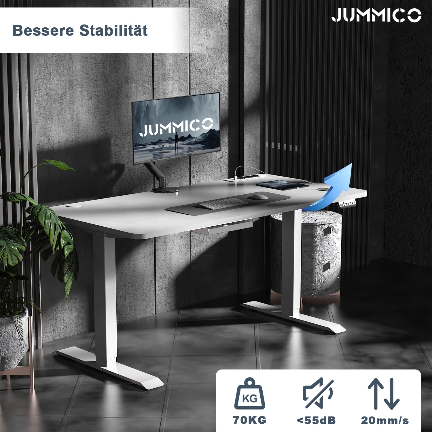 JUMMICO Biurko z regulacją wysokości z bezprzewodową stacją ładującą i gniazdem Euro z USB, 140 x 70 cm, biurko z regulacją wysokości, elektryczny stolik stojący na kółkach, kolor szary