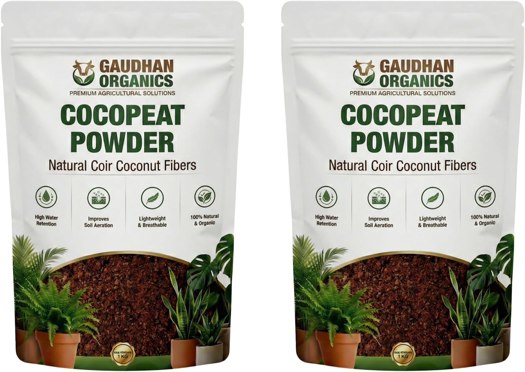 Premium Cocopeat 2 kg Powder Ready to Use - Organic Coconut Coir Fiber | Decompressed Coco peat for Gardening | 100% Natural Soil Conditioner by Gaudhan Organics (Pack of 2 x 1kg)