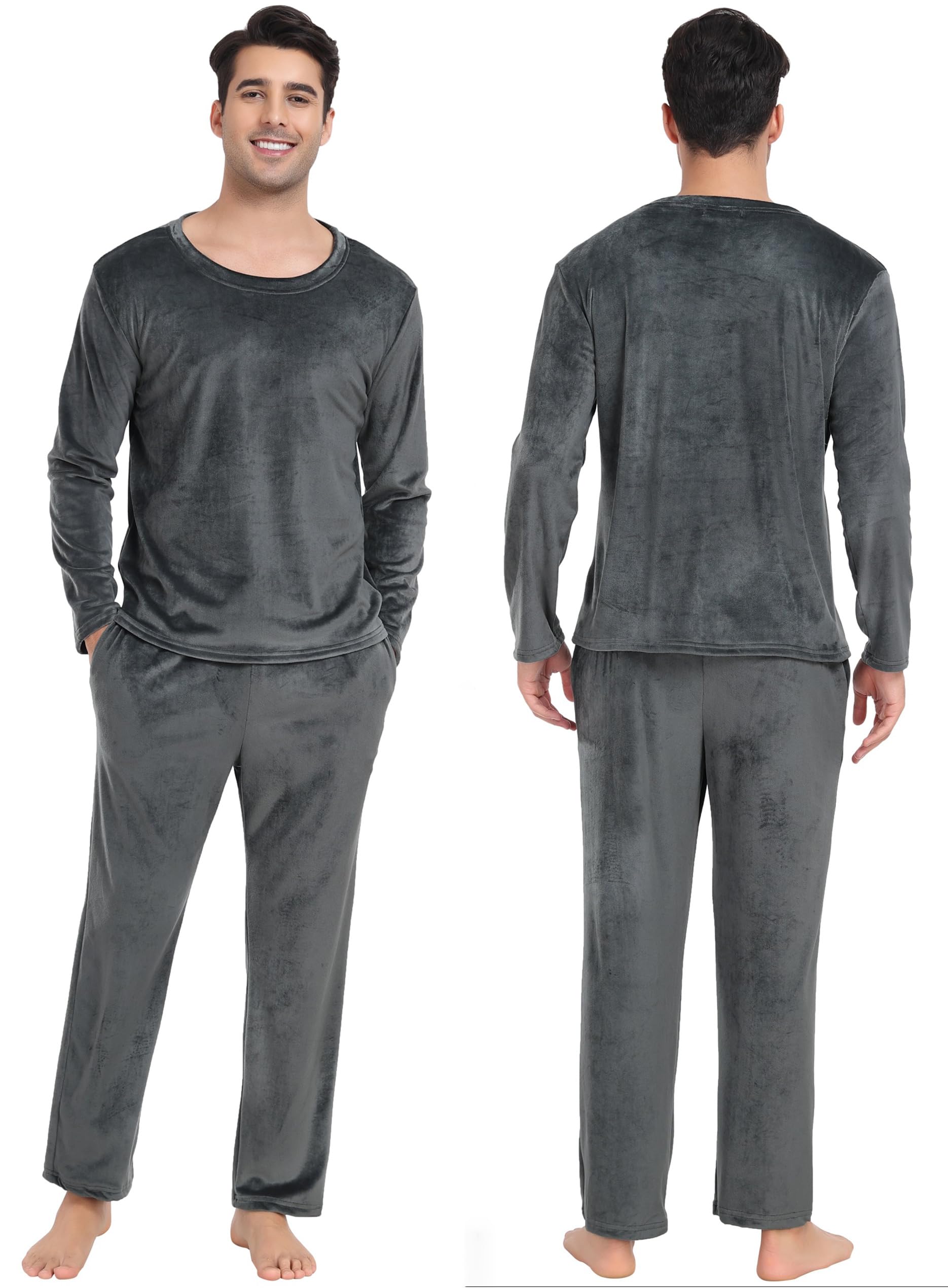 Lovasy Pijama Hombre Invierno Terciopelo Polar Conjunto Mangas Largas Cálida Pijamas con Bolsillos