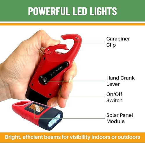 Miniatura 3 de Evelots Linternas de manivela con energía solar (paquete de 4) linterna recargable de emergencia y supervivencia para acampar, automóvil - Fácil luz