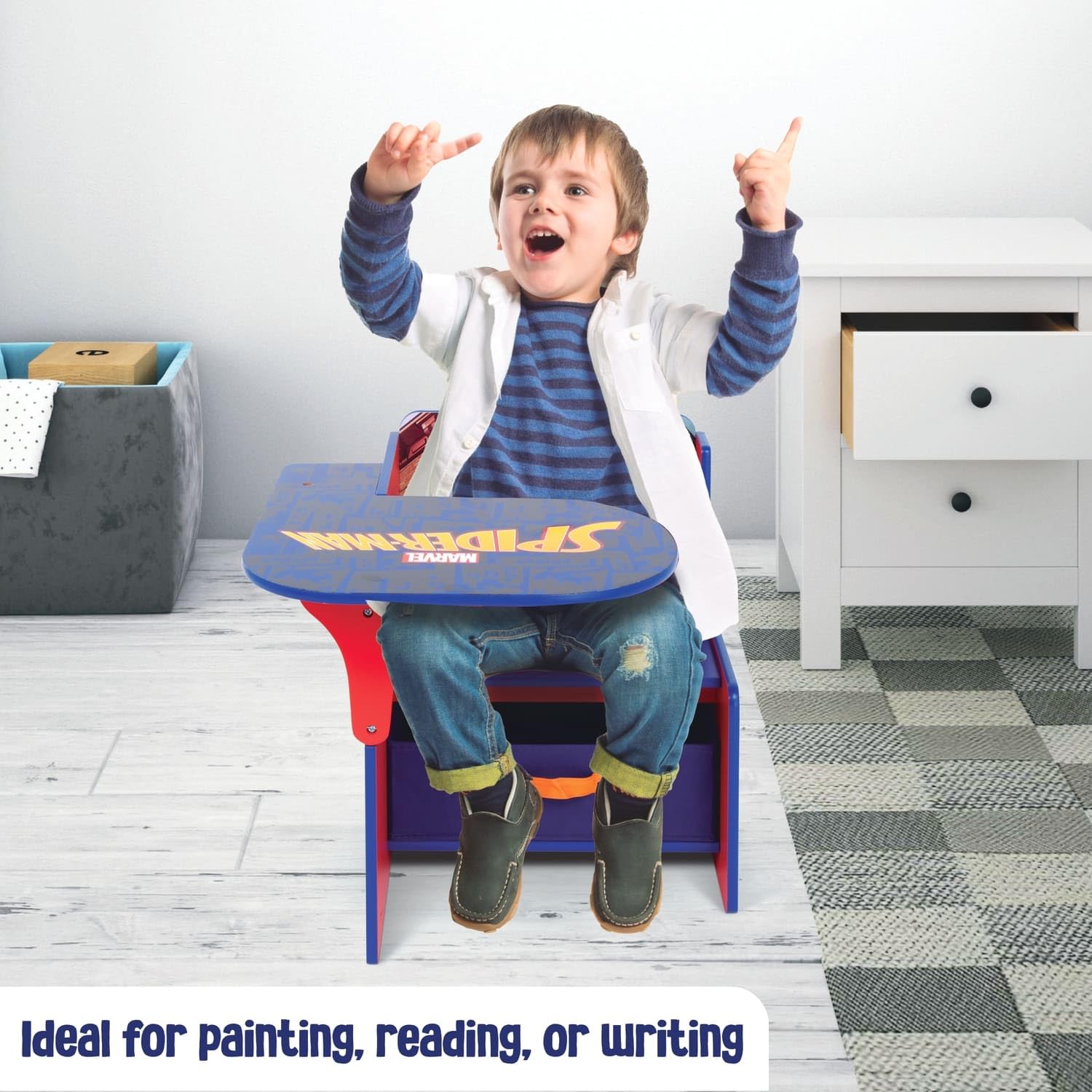 ARDITEX - Silla-Pupitre Infantil de Madera con contenedor Textil de Spiderman de Marvel - 62x30x60cm - Color Azul - Ideal para Manualidades, estudiar o Jugar.