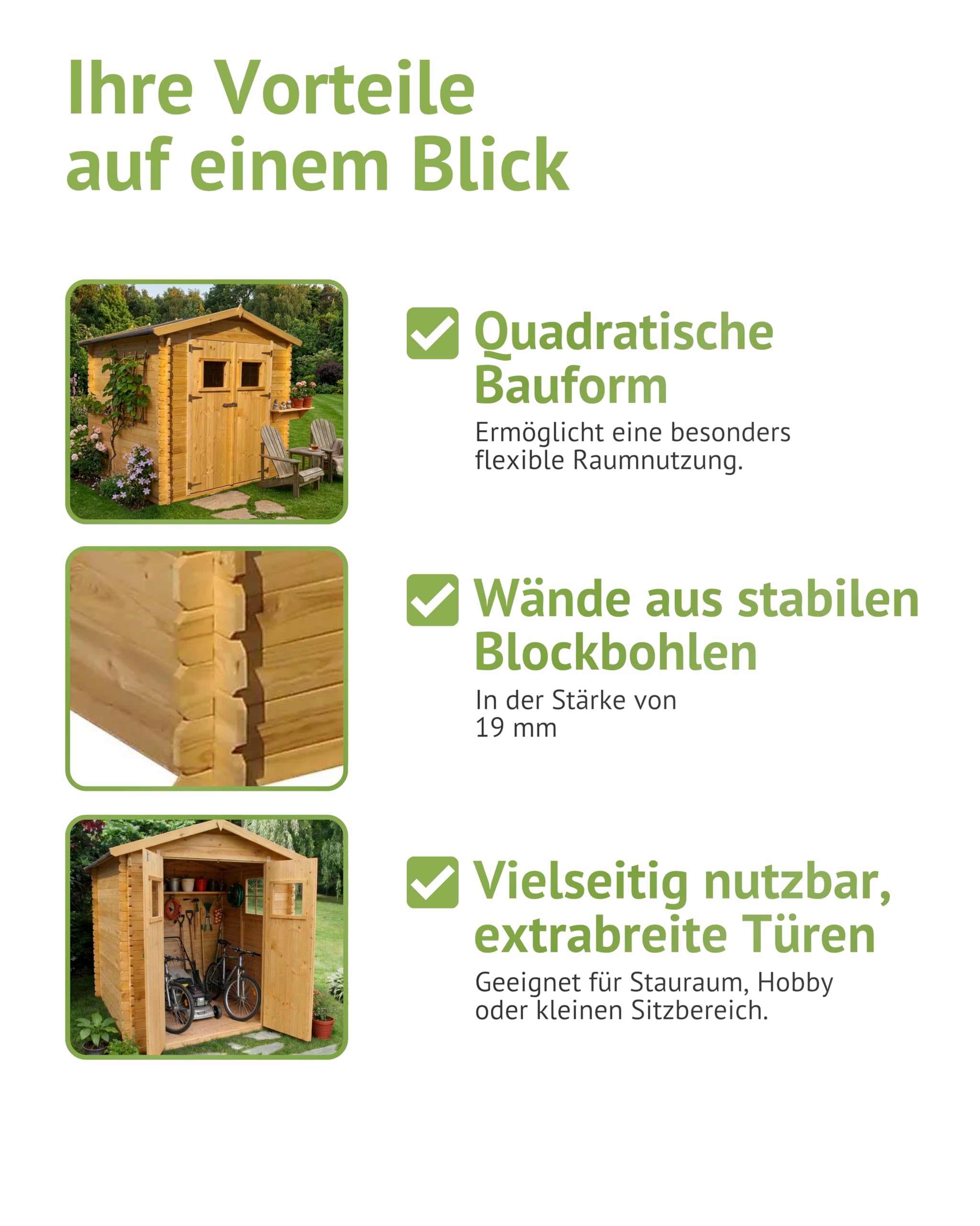 Steiner Shopping Gartenhaus Salzburg 19 mm I 180 x 130 cm aus Holz I Massiver Geräteschuppen mit Doppeltür I Kompaktes Gerätehaus für Gartengeräte & Fahrräder I Robuster Gartenschuppen