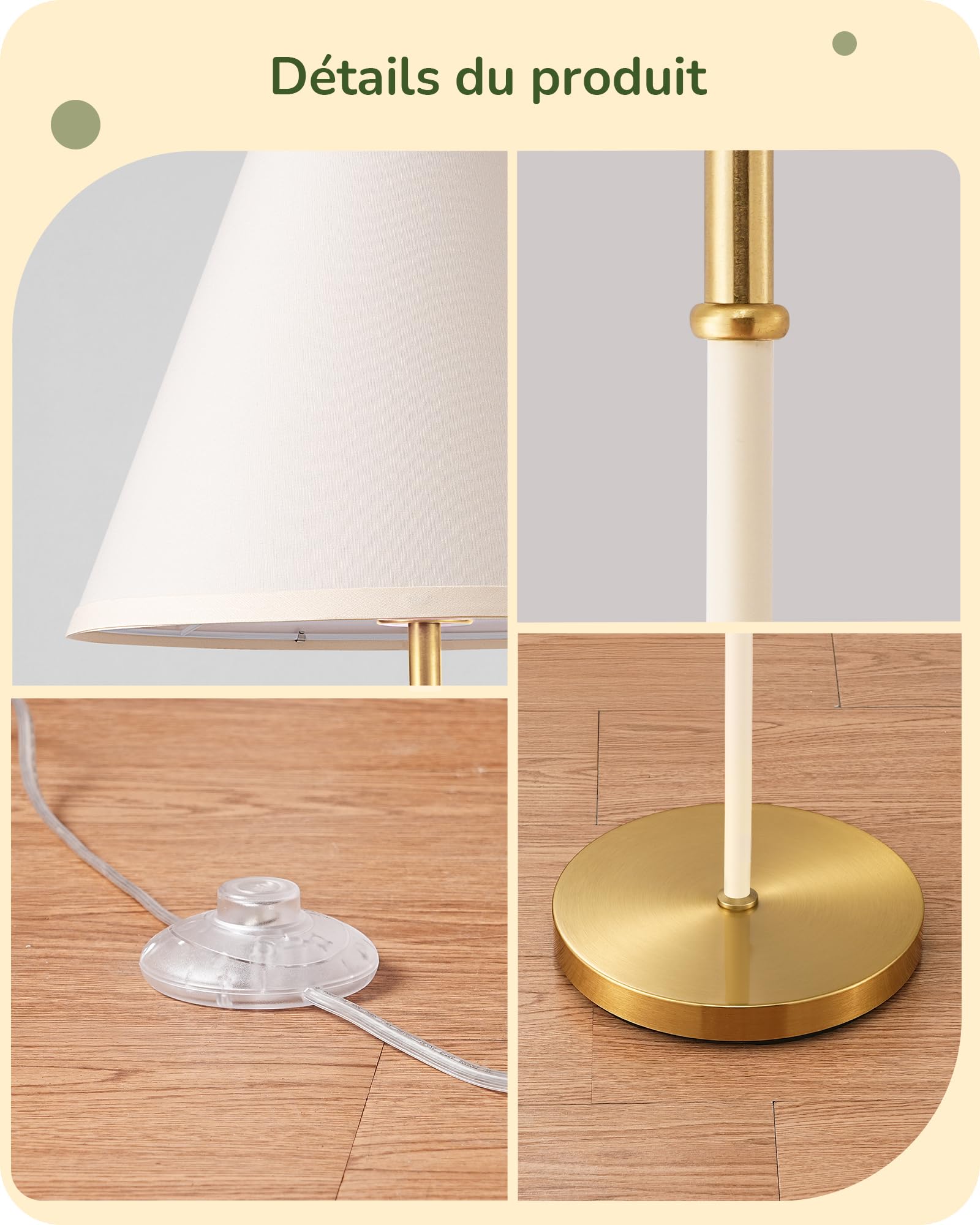 EDISHINE Lampadaire Rétro Salon, Abat-Jour en Coton et Lin, 2700K, Blanc | Ampoule LED Incluse, Douille E27, Structure en Métal, Interrupteur au Pied, Lampadaire Moderne pour Chambre et Coin Lecture