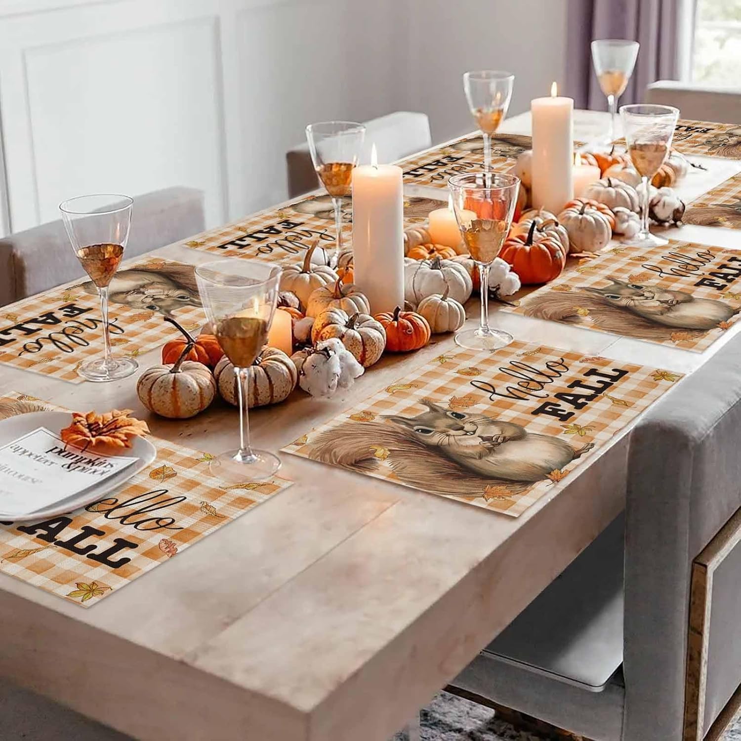 Fall Placemat Squirrel Leaves Thanksgiving Placemats for Dining Table Hello Fall Orange Buffalo Plaid Holiday Washable Table Mats for Party Kitchen Dining Decoration Set of 8