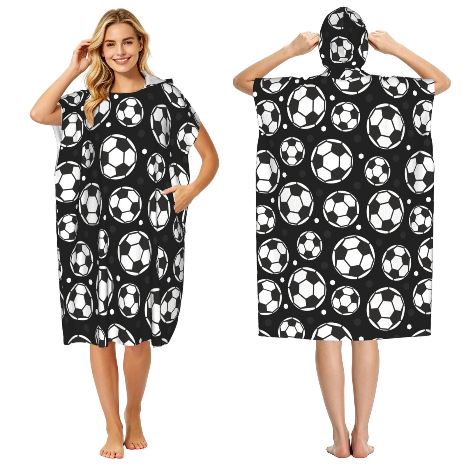 Poadnly Football, Adult Hooded Beach Towel 90 x 110 cm,Changing Bath Robe, Surf Poncho Towel For Women Men