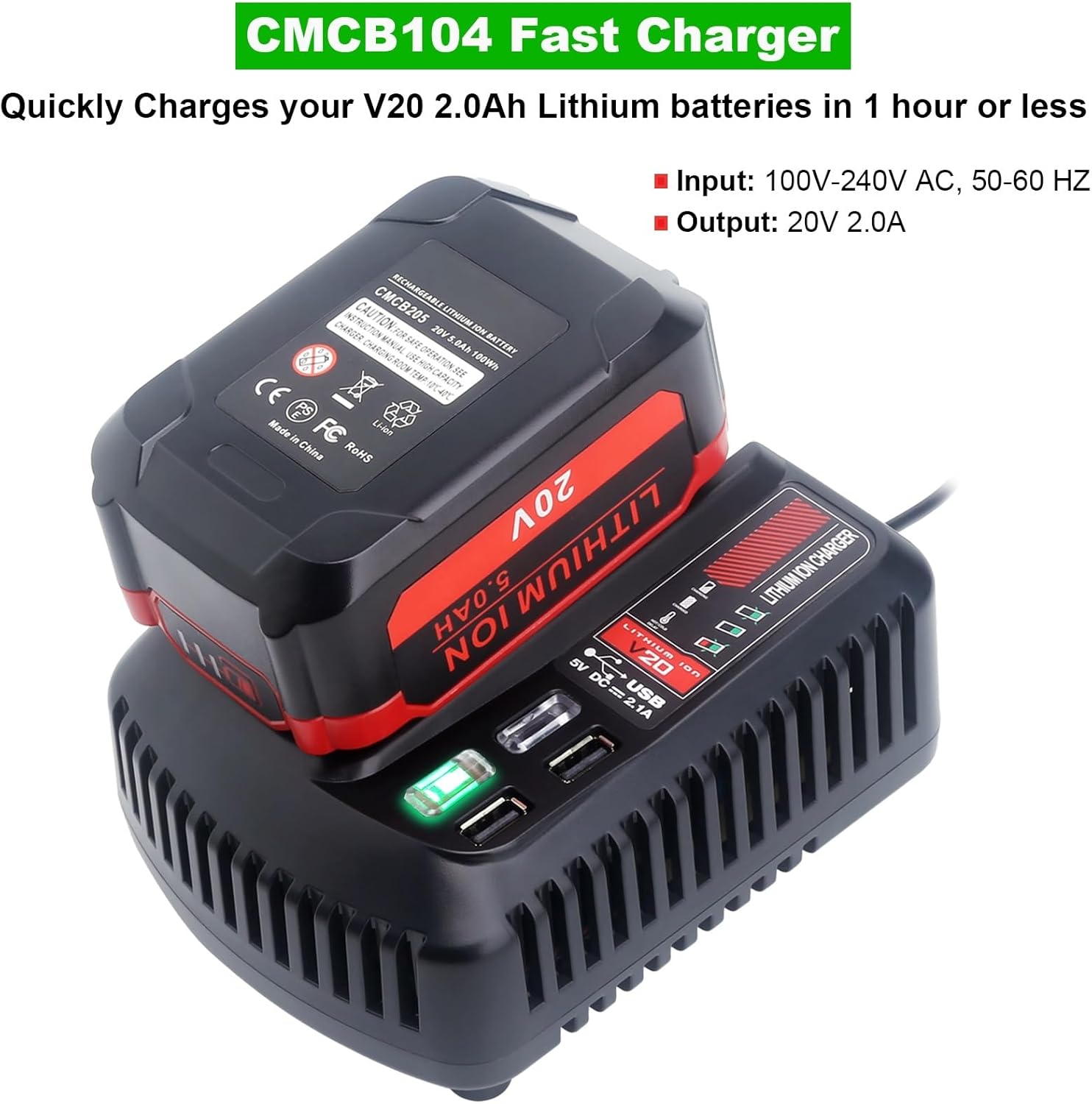 V20 Battery Fast Charger CMCB104 Replacement for Craftsman V20 20V max Lithium Battery Charger for CMCB201 CMCB202 CMCB204 CMCB205 CMCB206, with 2 USB Ports - Image 3