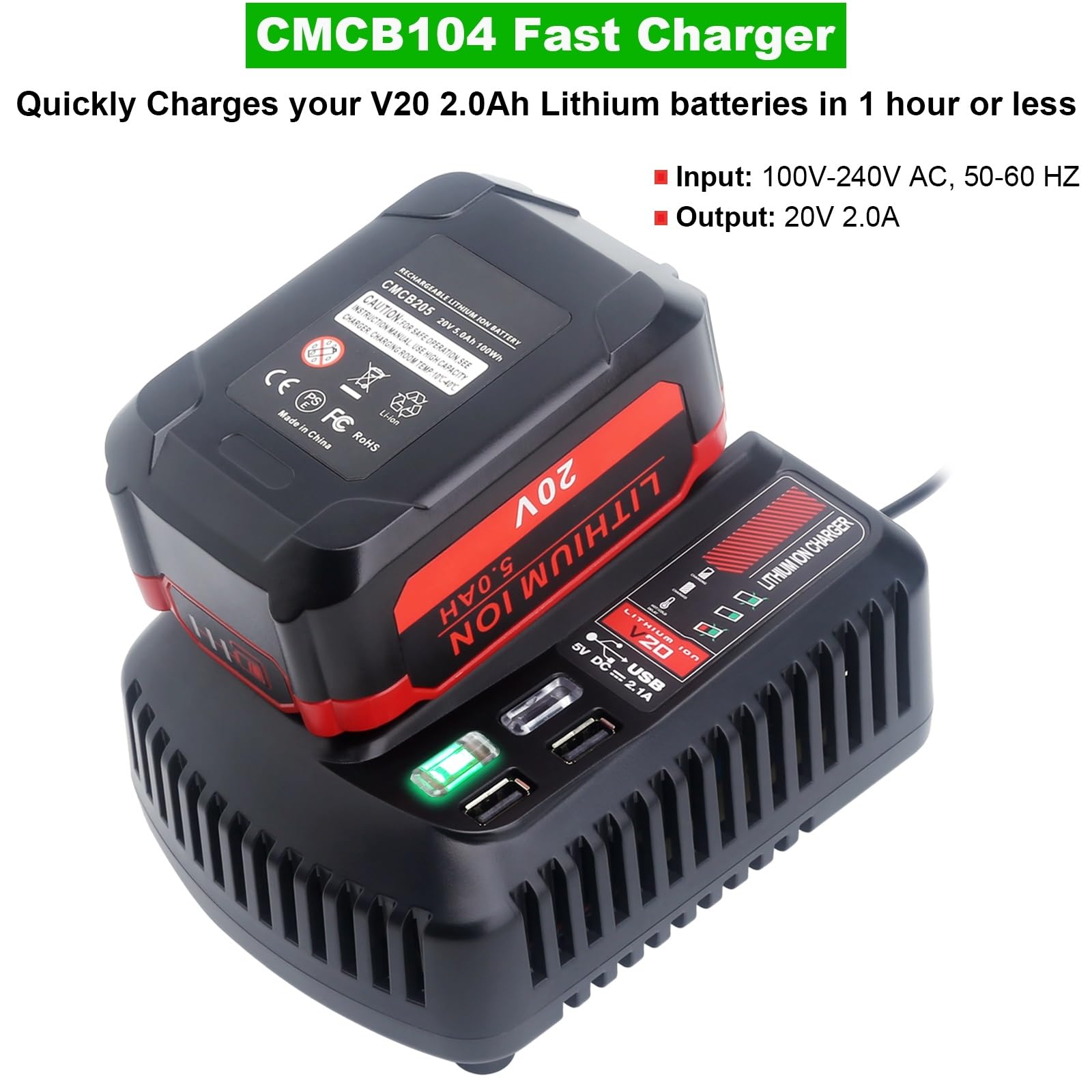 Cargador rápido de batería V20 CMCB104 de repuesto para Craftsman V20 20 V máx. Cargador de batería de litio para CMCB201 CMCB202 CMCB204 CMCB205 CMCB206, con 2 puertos USB