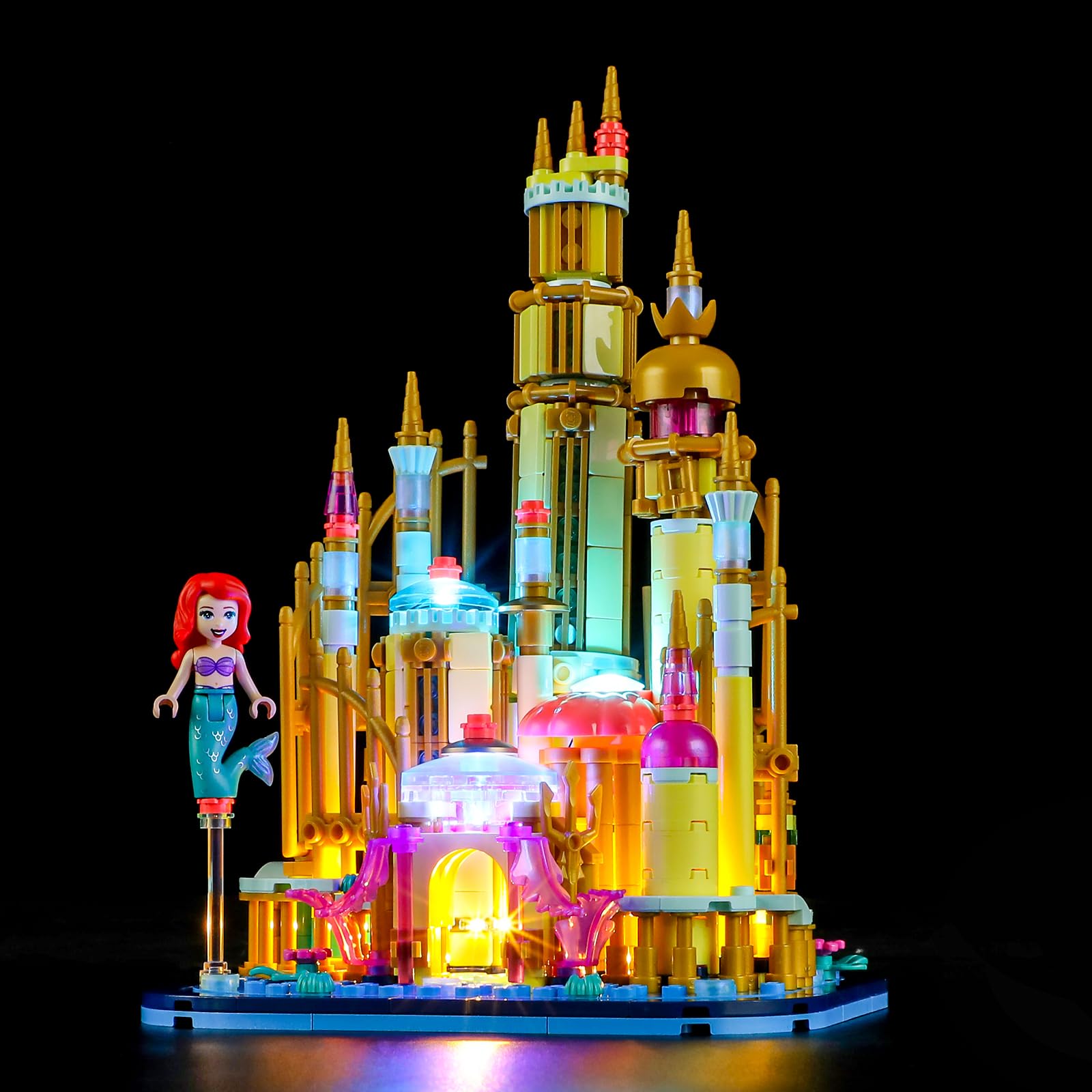 YEABRICKS LED Light Kit illuminating the Disney Mini Ariel's Castle building set