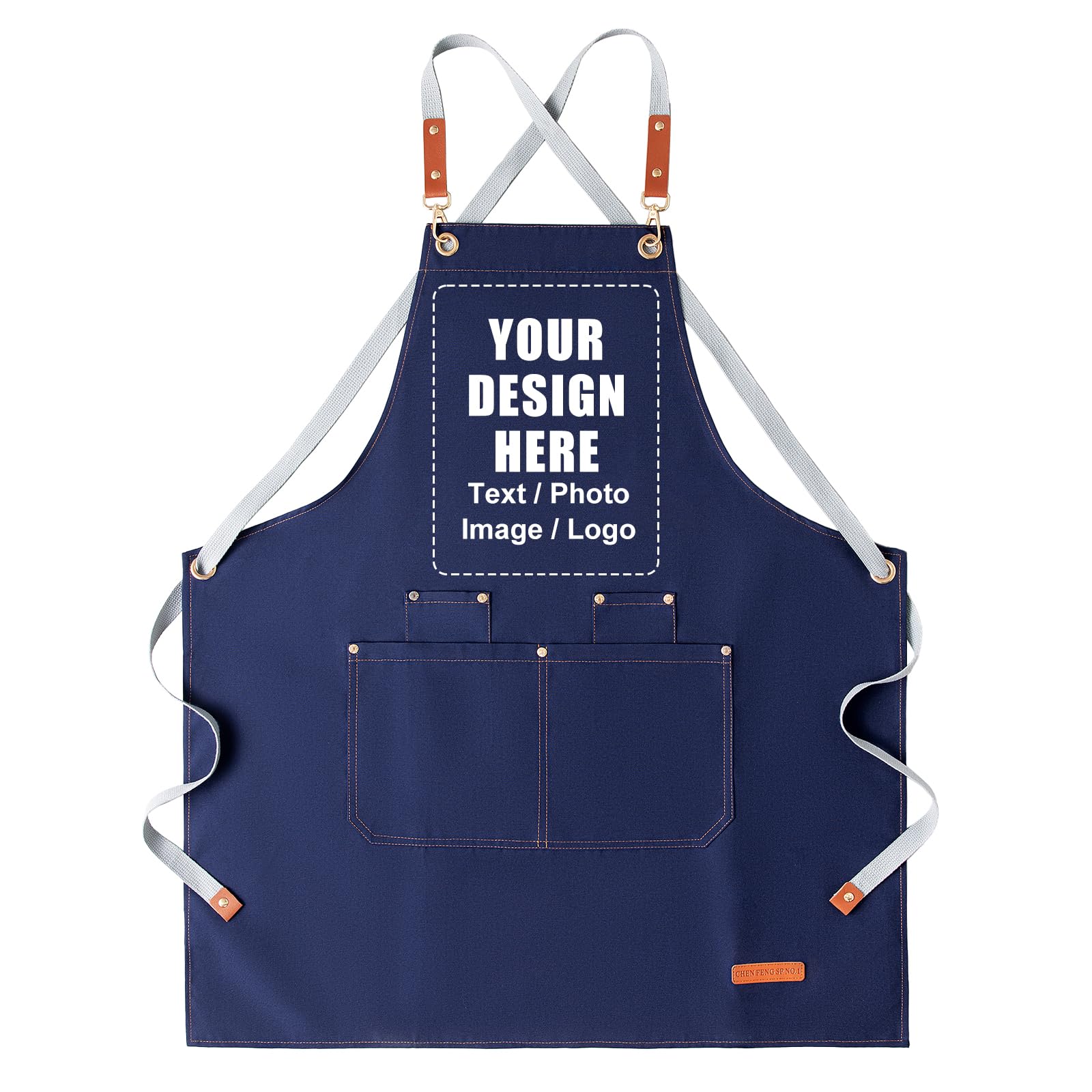 Personalised Apron for Women Men with Picture Text, Kitchen Cooking Baking Chef Waitress Apron (Navy blue)